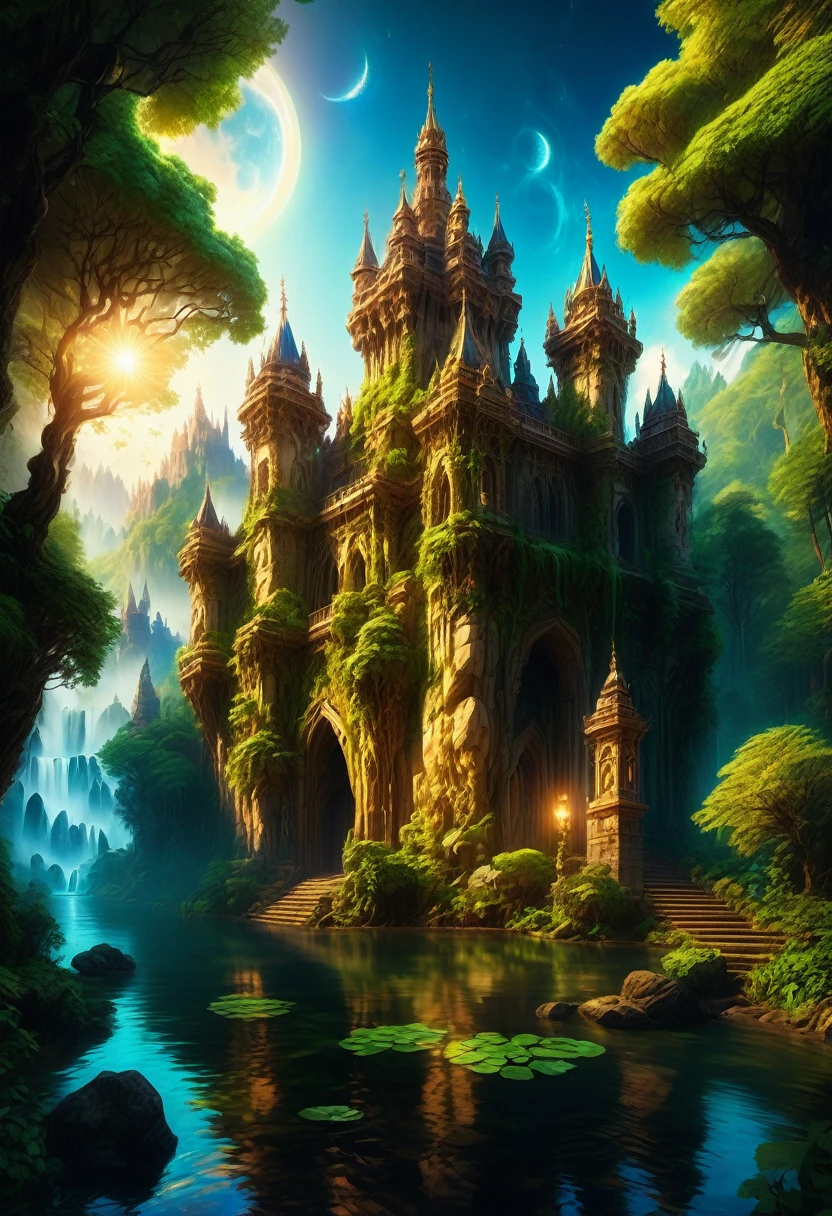 Dream Castle, aesthetic, (best quality,4k,8k,highres,masterpiece:1.2),ultra-detailed,medieval castle,majestic towers,grand entrance gate,mystical atmosphere,enchanted forest,sunlight filtering through the trees,lush greenery,gleaming river,reflection on the water,exquisite stone carvings,golden accents,spires reaching towards the sky,vivid colors,soft lighting,ethereal beauty,serene ambiance