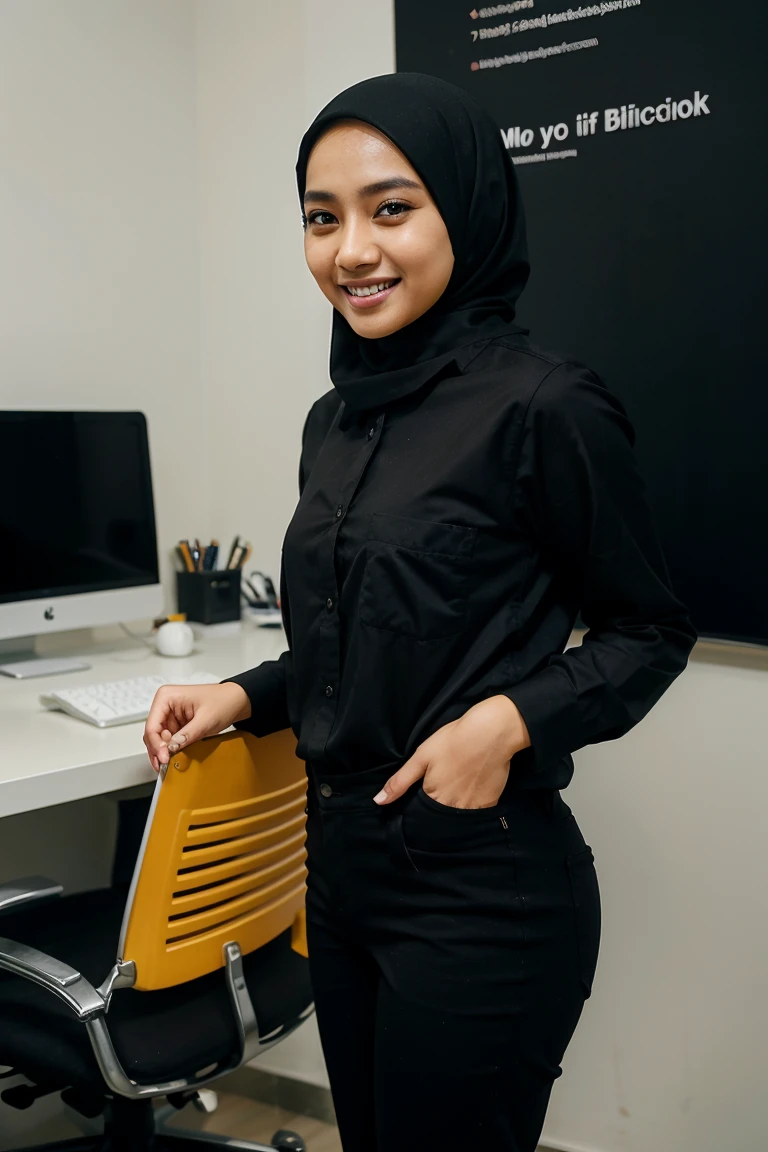 24 year old malay woman with hijab,wearing shirt,wearing black pants,smiling,hands on pocket,office background