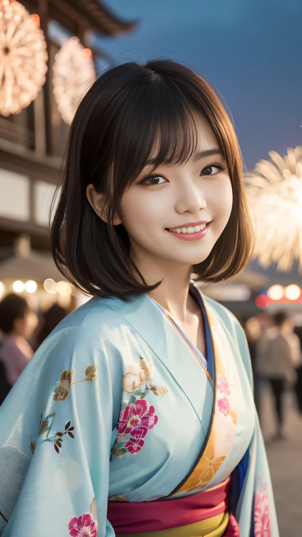 Looking at the camera,(((highest quality, 8k, masterpiece))), Sharp focus, (Beautiful woman with perfect figure), thin, (Hairstyle: superior)), ((kimono: Cane)), street: 1.2 Highly detailed face and skin texture Detailed eyes Double eyelid Random pose, (smile),ssuperiorer cute Japan person,ssuperiorer beauty Japanese girl, Realistic Face, double eyelid,smile,Summer festival , At sunset , Beautiful Teeth , Fireworks Background.