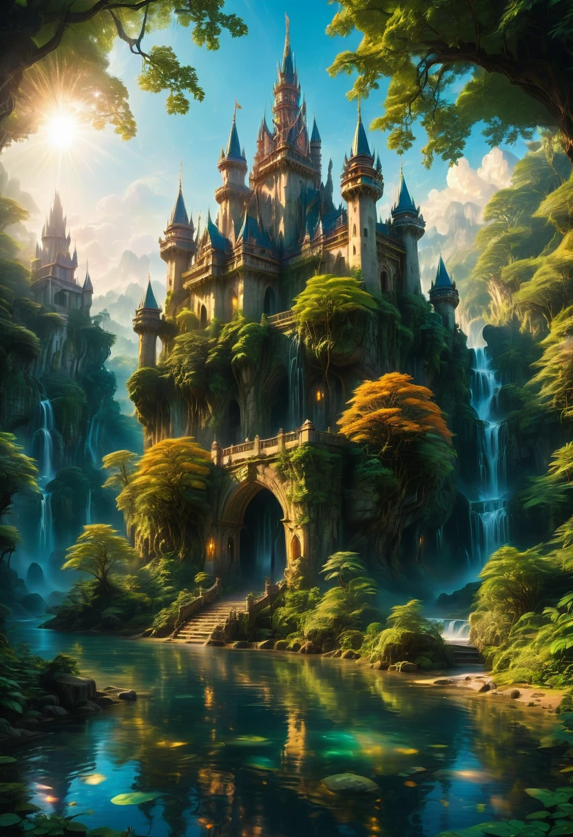 Dream Castle, aesthetic, (best quality,4k,8k,highres,masterpiece:1.2),ultra-detailed,medieval castle,majestic towers,grand entrance gate,mystical atmosphere,enchanted forest,sunlight filtering through the trees,lush greenery,gleaming river,reflection on the water,exquisite stone carvings,golden accents,spires reaching towards the sky,vivid colors,soft lighting,ethereal beauty,serene ambiance