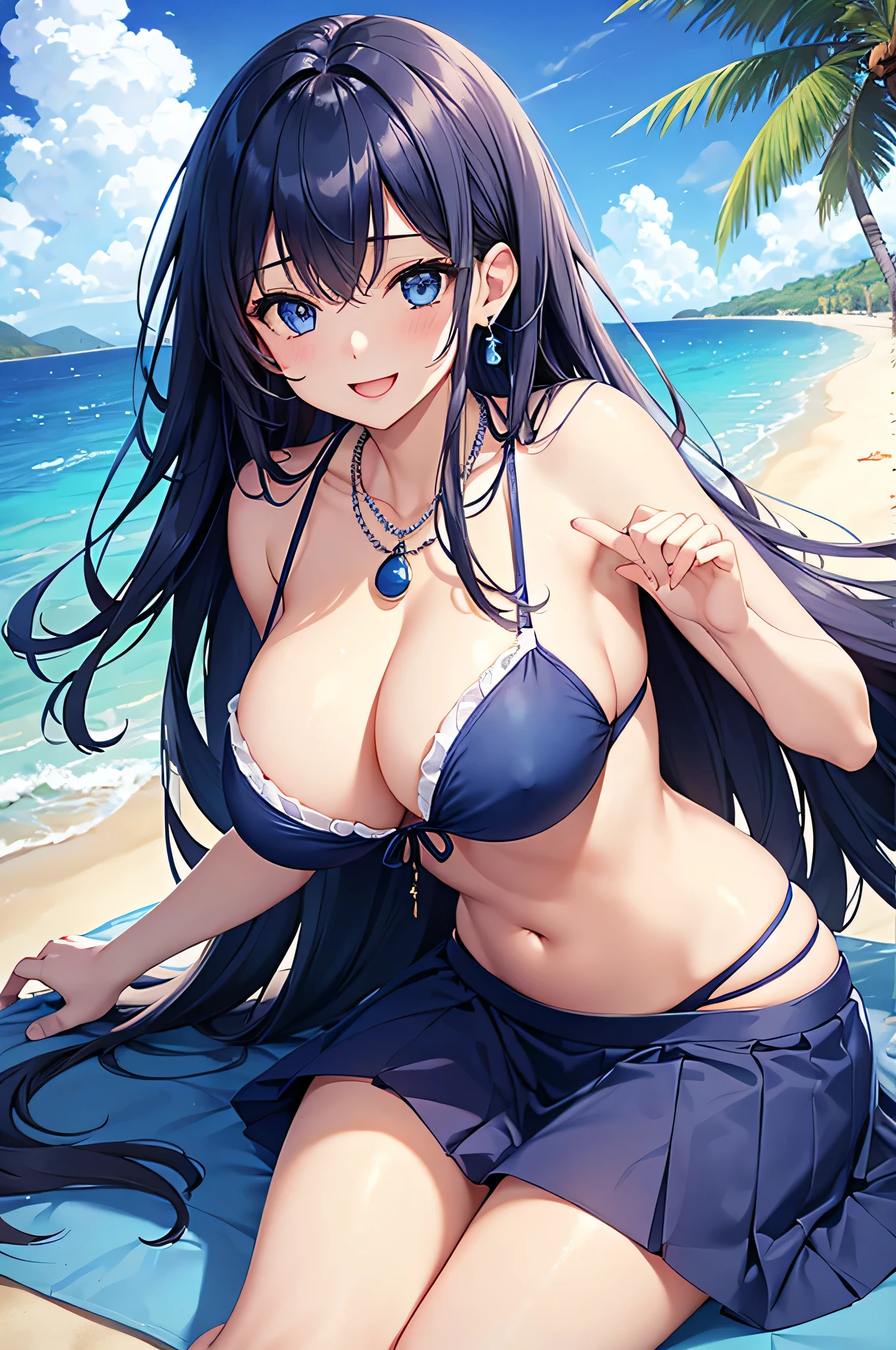 highest quality、Best image quality、masterpiece、beautiful girl、Navy blue long hair、blue eyes、Navy Blue Bikini、Big cleavage、(Big Breasts)、smile、blue necklace、Blue Earrings、background(Beach)、 pose、Please open your mouth wide、Navy Blue Skirt