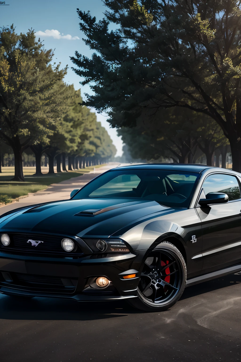 A realistic image of a 2013 Ford Mustang GT in black color with black rims, tinted windows, and a high-resolution spring background. The Mustang is shown in great detail, with the glossy black paint finishing reflecting the sunlight, the black rims looking sharp against the asphalt, and the tinted windows giving an air of mystery. The spring background is mostly in bloom, with green plants and trees in full color, creating a striking contrast against the car's monochromatic color scheme. The Mustang's sleek body lines and powerful stance are accentuated in this photorealistic, super detailed, and hyper realistic image.