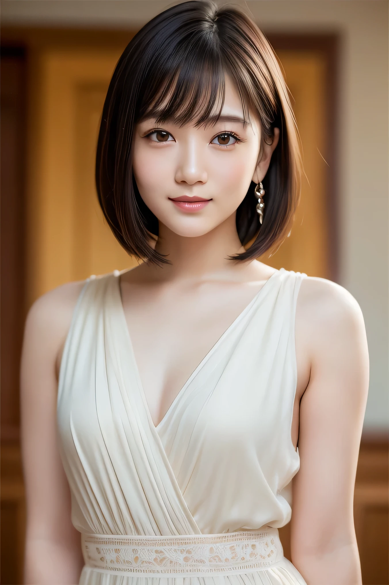 (highest quality:1.5)、(Realistic:1.5)、(1 person:1.5)、(Upper Body:1.5)、Very detailed、High resolution、8k wallpaper、、Small breasts、Natural color lips、Cute Smile、Japanese women、20-year-old girl、Beautiful and elegant face、Perfect and beautiful face、Big eyes、Brunette's eyes、Beautiful and elegant face、Perfect and beautiful double eyelids、Natural Bangs、Beautiful thin nose、Beautiful Skin、Chestnut Hair、Medium Bob Hair、Shortcuts、Natural Bangs、Perfect and beautiful face、Slim face and figure、(Looking at the camera with a cute expression)、Bright lighting、Professional Lighting、Forward lighting、Cute Smile、Ceremony venue、dress、Beautiful cleavage、mini skirt、Facing forward、Simple poses、
