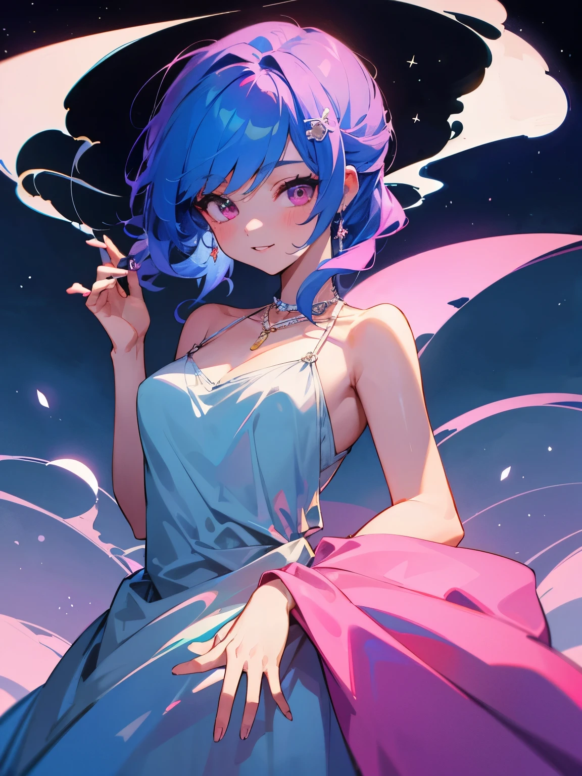 cartoon of a boy and a girl standing close together, ddlc, in the art style of 8 0 s anime, 9 0 s anime style, 90s anime style, in anime style, in an anime style, anime aesthetic, anime vibes, 9 0 s anime aesthetic, 9 0 s anime art style, lofi boy and girl, beautiful background outside, background at night with stars and a moon, fairy lights, beautiful background in a floral garden with fairy lights at night, a cute boy and a cute girl, beautiful faces, a boy and a girl, don't extra hands, NO extra hands, generate a boy and a girl with NO extra hands, NO extra arm, the boy has a short hairstyle and the girl has a long hairstyle, the boy has blue hair, the girl has pink hair, pretty faces, cute pretty boy in a smoking dress, cute pretty girl in a beautiful dress, with amazing smile, boy has a pretty smile, girl has a cute smile