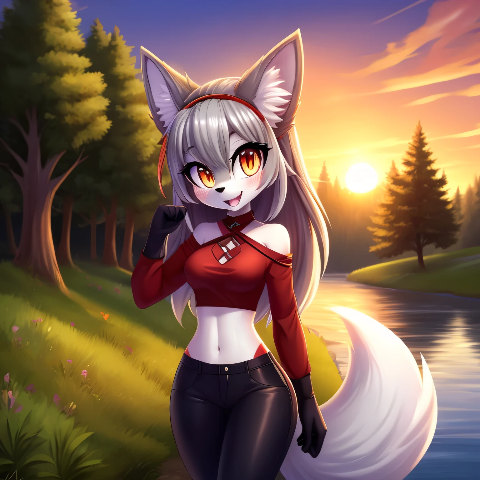 masterpiece, best quality, ultra-detailed, cinematic lighting, beautiful lighting, detailed background, detailed iris, detailed eyes, shading, intricate details, ((sharp, dynamic pose, expressive eyes)), ((4k)), ((2d, 2d art)), digital art, solo, outdoors, 1girl, smile, animal ear fluff, navel, hairband, open mouth, crop top, long hair, animal ears, breasts, tree, furry, blush, clothing cutout, red shirt, shirt, shoulder cutout, fox girl, whitish light grey hair, hands up, bangs, cowboy shot, pants, black gloves, animal nose, gloves, fox ears, nature, standing, furry female, happy, water, sunset, looking at viewer, ((whitish light grey fur)), forest, black long sleeves, ribbon, black pants, black hairband, clenched hands, sky, tail, hair ribbon, fang, midriff, black ribbon, medium breasts, fox tail, very long hair, orange eyes, stomach, heart, body fur, river, :3, sidelocks, white fur, shiny, lake, grass, small breasts, scenery, fur trim, red markings on face