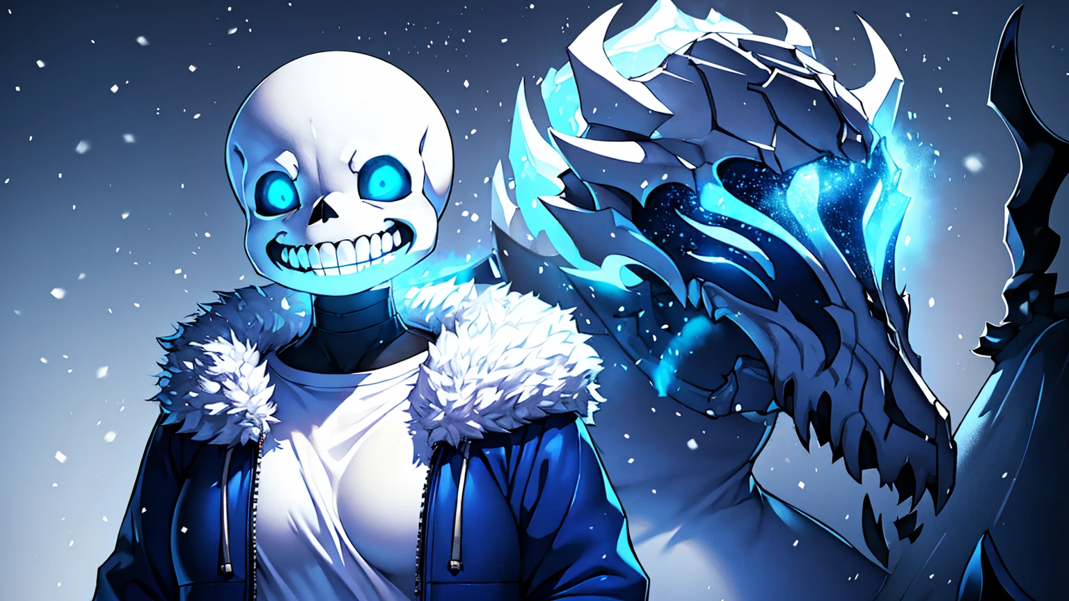 Toby Fox Undertale Sans blue jacket white shirt,Fire eyes skull smile white short hair glowing sexy dragon skull cannon one standing in the snow town Femininefull big breast breast enlargement full-body shot t looking into the camera full-body shot perfect illustration, ultra-detailed, HDR, vibrant colors, soft lighting official art