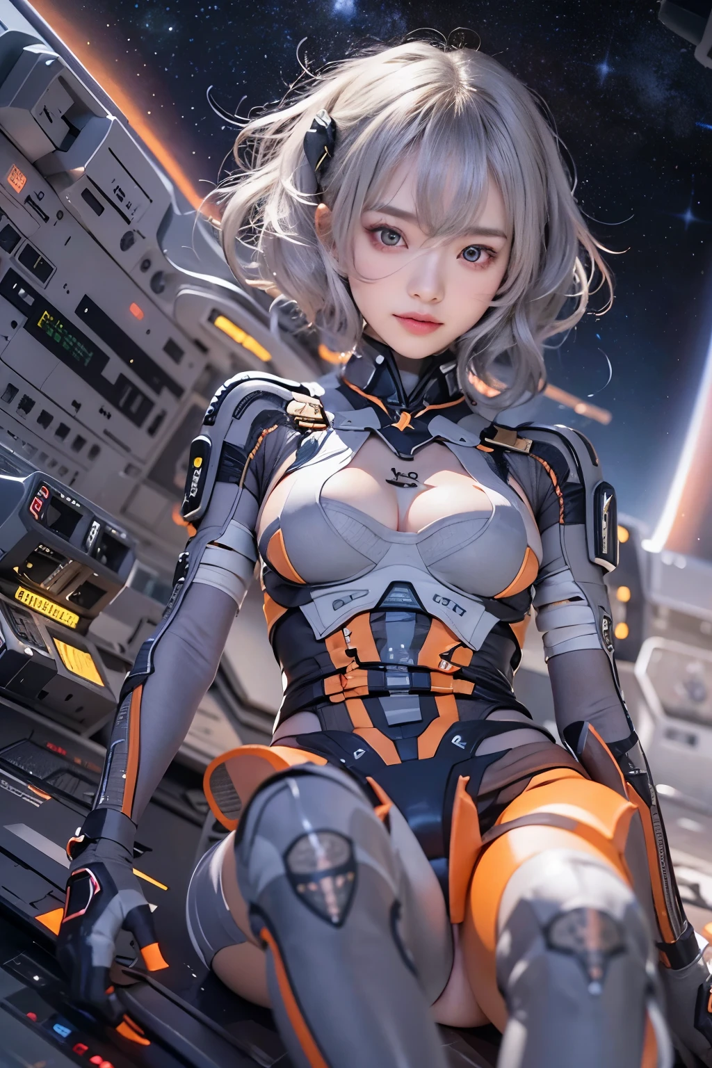 (Close-up)、1 girl、20th Generation、Gray Hair、bangs、smile、See the view、Red eyes、highest quality、masterpiece、Ultra-high resolution、8k、(Realistic:1.5)、RAW Photos、Perfect body、Big Breasts、Black space suit、(In the Dark)、Deep Shadow、Evangelion、milky way、Milky Way、Many Stars、sitting in the cockpit of a spaceship、