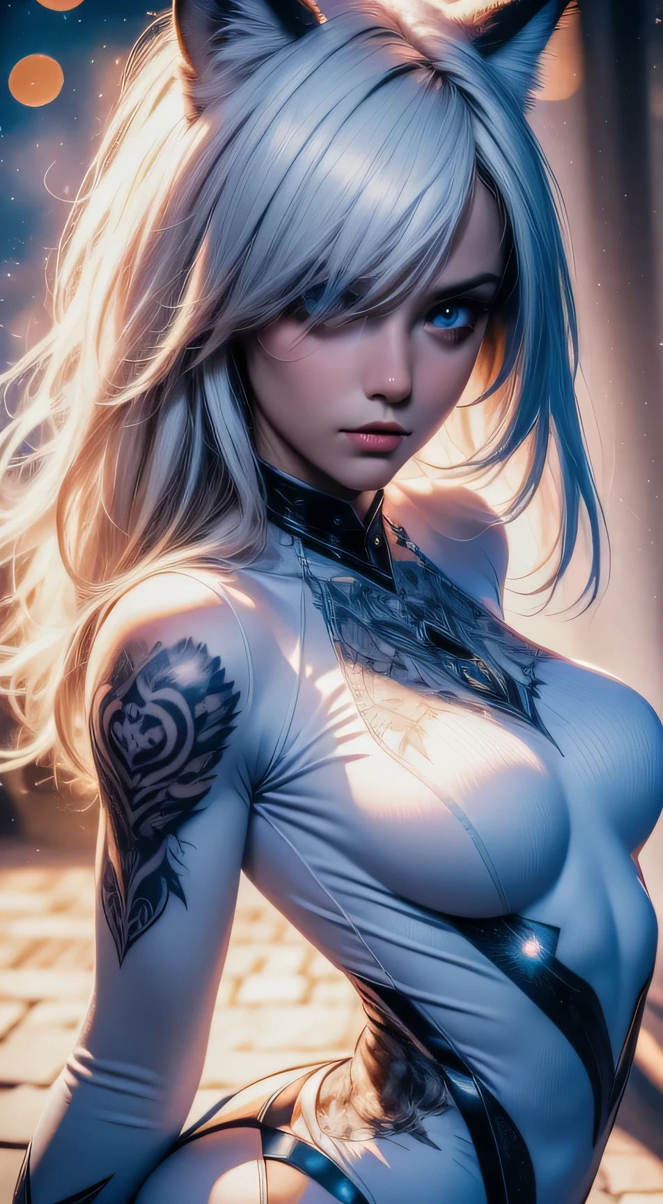Meisterwerk,(Complete body), (1Frau), (white fox), (Vestimenta Stammes:1.2), (nice blue eyes), ((Stammes (Adler) tattoo)), white and blue colors, Nebliger Hintergrund, dynamische pose, (Blick auf den Betrachter), (Vorderansicht),( Lobo (Schwarm):1.4),detailed body , fit, small breasts, sporty butt,(aus dem Himmel), (Bokeh:1.2),8k, 。.....................3D, Realist, Ultra-Mikrofotografie, of the highest quality, Super detaillierte CG Unity 8k