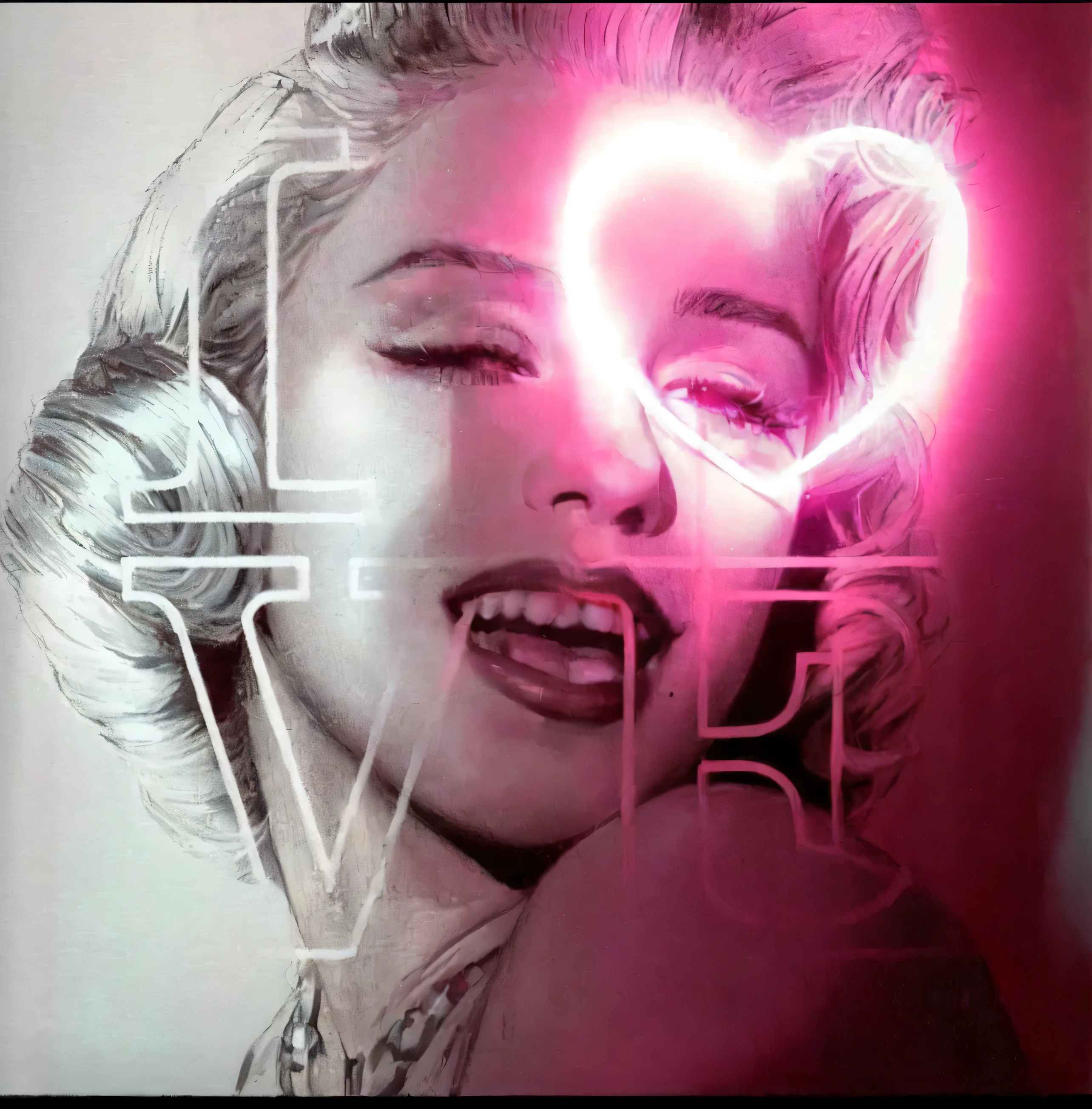 close-up of a woman with a neon heart in her hand, madonna, Shinoda Toko, inspired by Marilyn Bendell, love art, artist unknown, 👁🌹👾, Vaporwave Art, ✏️🎨, Glen Angus, amazing art, madonna portrait, Marilyn Monroe, beautiful works of art, pop art, They are in love, amazing, I Love You
