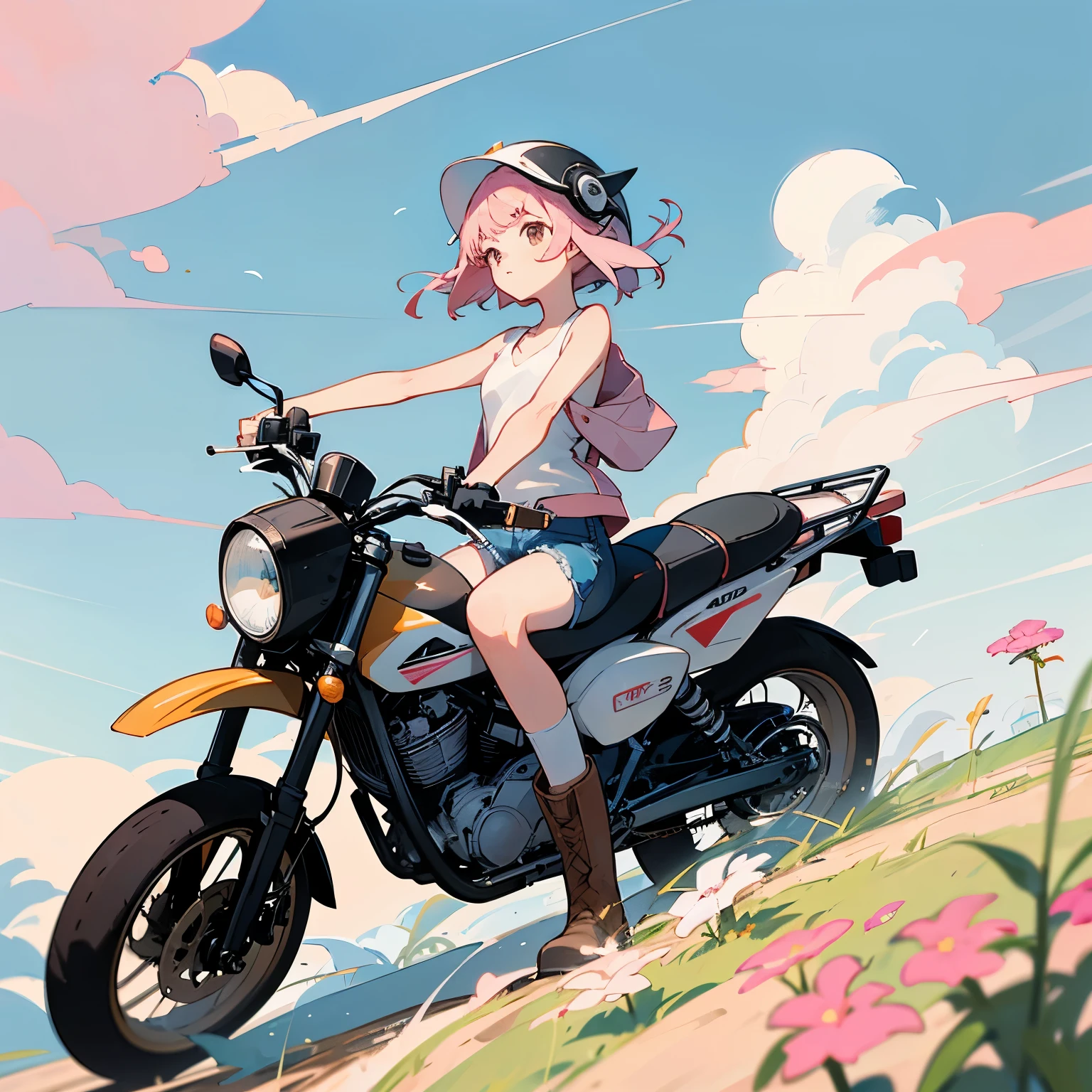 Highest quality、A girl is riding a white Super Cub、Dark brown short cut、(He is wearing a jet helmet with white and black lines running down the center of the helmet from front to back.、White tank top、Pink jacket、Denim shorts、White knee-high socks、Brown work boots:1.3)、Japanese countryside scenery、Road beside the stream、Small creek、Dirt Road、Weeds grow along the side of the road、Blue sky、White clouds floating、Early summer sky、