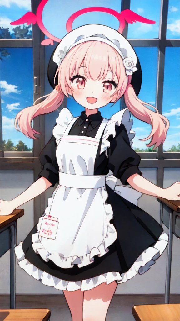 1 girl, Koharu\(Blue Archive\), twintails, halo, beret, head feathers, low feathers, standing, whole body, looking at viewer, smile, open mouth, sunset, classroom, window, backlight , depth of field,Maid Costume,White apron,White frill,