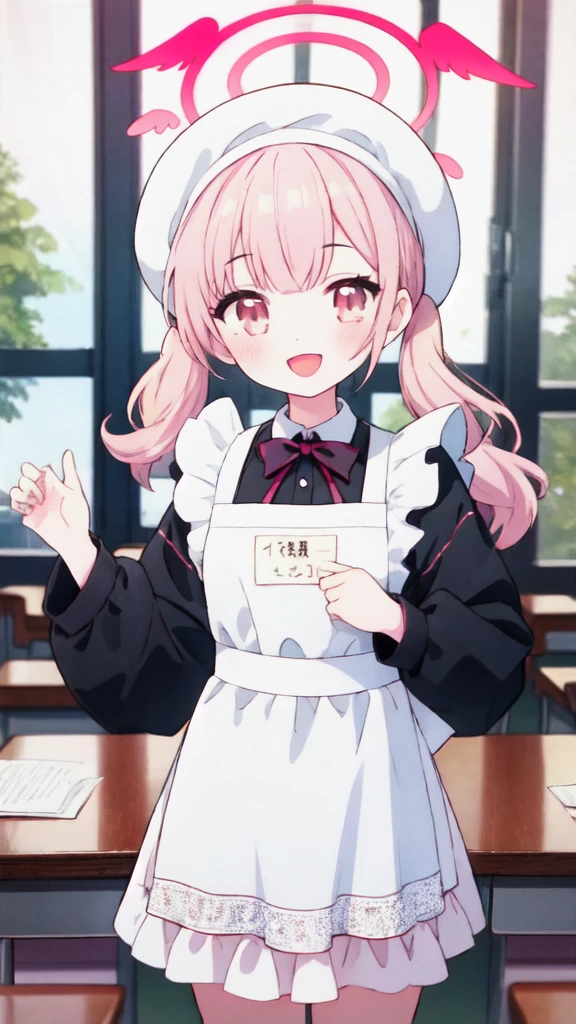 1 girl, Koharu\(Blue Archive\), twintails, halo, beret, head feathers, low feathers, standing, whole body, looking at viewer, smile, open mouth, sunset, classroom, window, backlight , depth of field,Maid Costume,White apron,White frill,