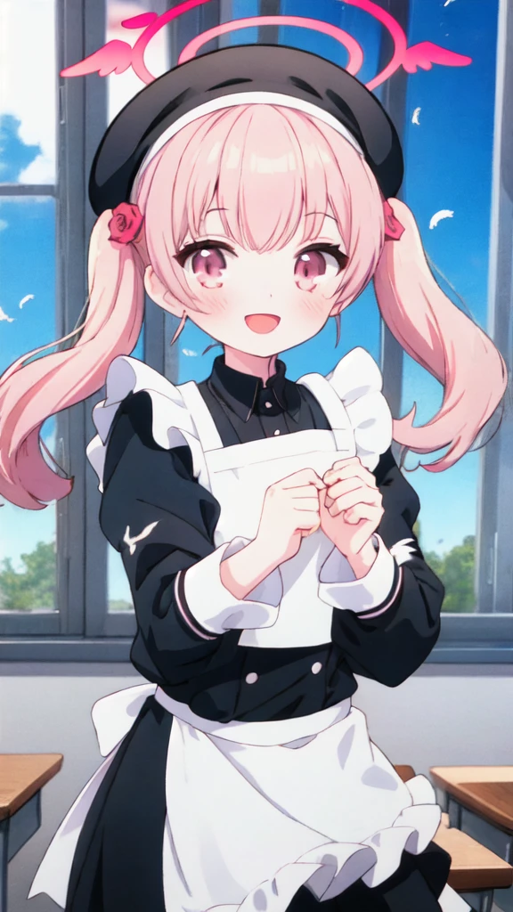 1 girl, Koharu\(Blue Archive\), twintails, halo, beret, head feathers, low feathers, standing, whole body, looking at viewer, smile, open mouth, sunset, classroom, window, backlight , depth of field,Maid Costume,White apron,White frill,