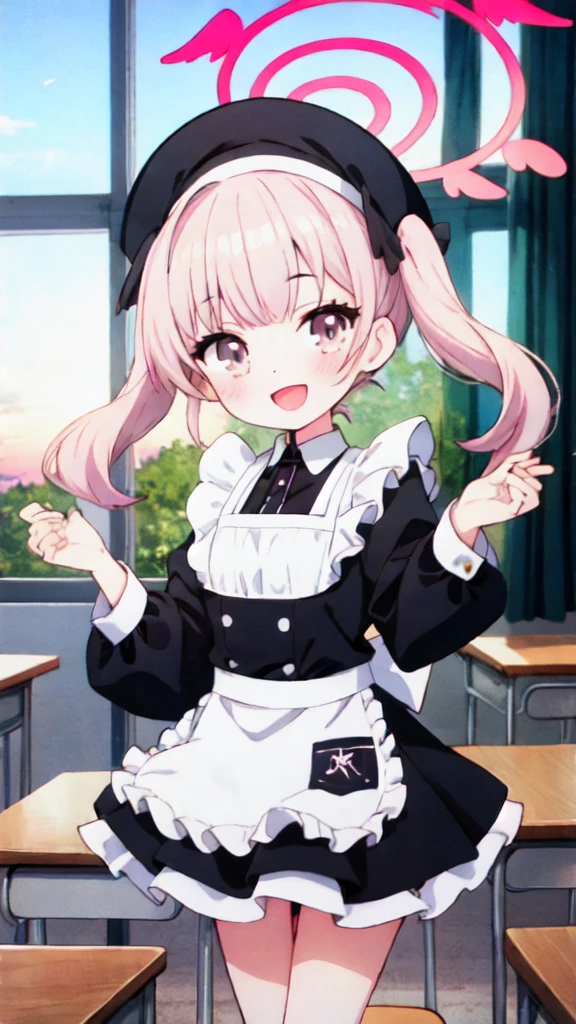 1 girl, Koharu\(Blue Archive\), twintails, halo, beret, head feathers, low feathers, standing, whole body, looking at viewer, smile, open mouth, sunset, classroom, window, backlight , depth of field,Maid Costume,White apron,White frill,