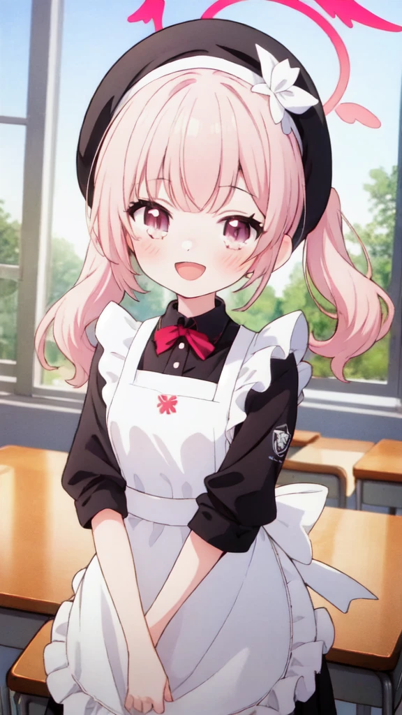 1 girl, Koharu\(Blue Archive\), twintails, halo, beret, head feathers, low feathers, standing, whole body, looking at viewer, smile, open mouth, sunset, classroom, window, backlight , depth of field,Maid Costume,White apron,White frill,