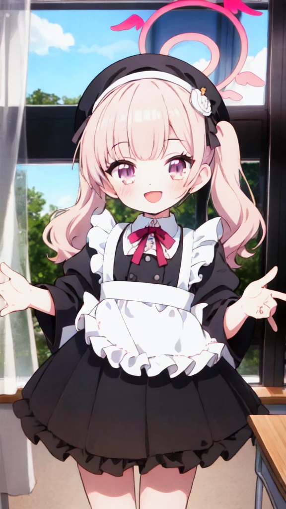 1 girl, Koharu\(Blue Archive\), twintails, halo, beret, head feathers, low feathers, standing, whole body, looking at viewer, smile, open mouth, sunset, classroom, window, backlight , depth of field,Maid Costume,White apron,White frill,