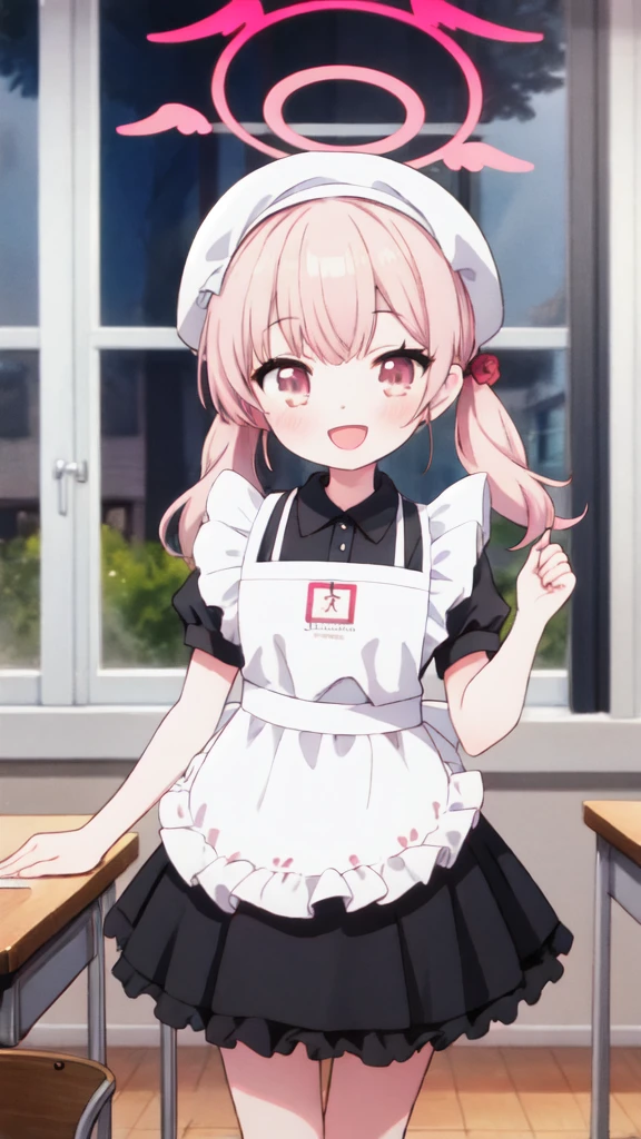 1 girl, Koharu\(Blue Archive\), twintails, halo, beret, head feathers, low feathers, standing, whole body, looking at viewer, smile, open mouth, sunset, classroom, window, backlight , depth of field,Maid Costume,White apron,White frill,