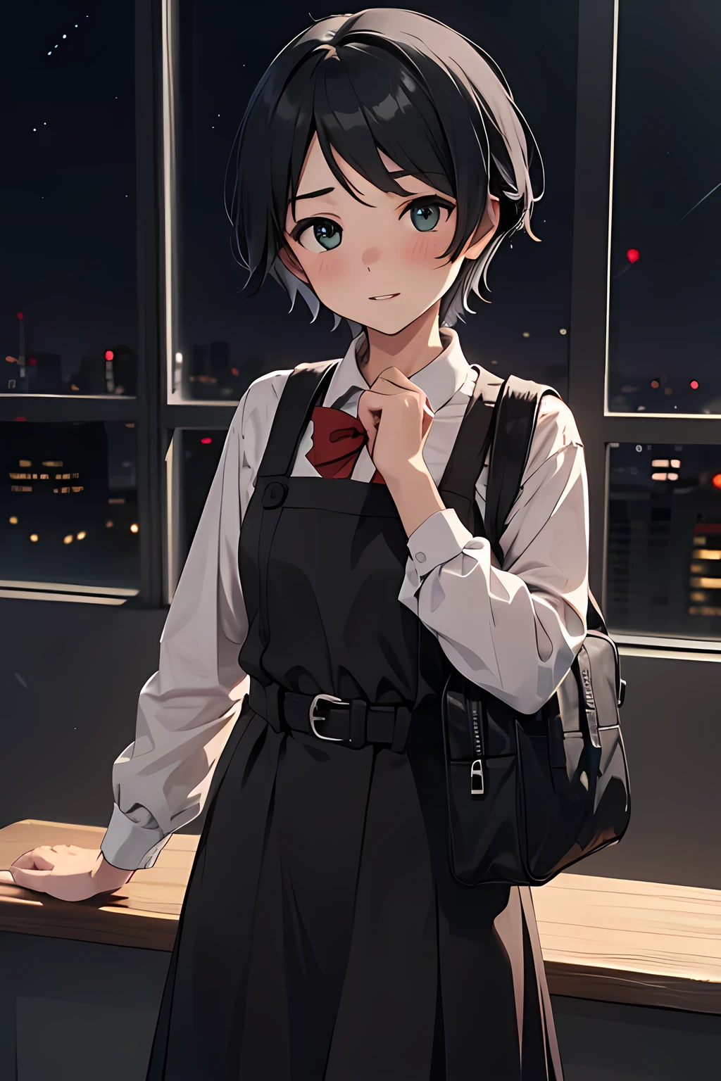 ((masterpiece,best quality)), highres, extremely detailed 8K wallpaper, depth_of_field, best shadow, (Colorful),(Delicate eyes and face), Perfect hands, (no lighting), Ray tracing, BREAK
(1girl), mogami \(kancolle\), black hair, short hair, black eyes / green eyes, swept bangs, (full-face blush), slender, skinny, best smile, parted lips, BREAK,
standing, perfect hands, BPD,((black pinafore dress)),long skirt,red bowtie,belt, school bag, BREAK,
Cowboy Shots and knee, school, classroom, (((night time))), ((dark backgrounds:1.2)),