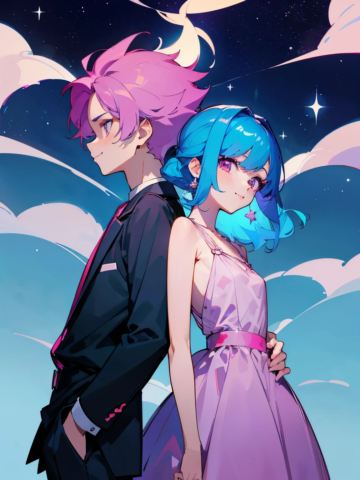 cartoon of a boy and a girl standing close together, ddlc, in the art style of 8 0 s anime, 9 0 s anime style, 90s anime style, in anime style, in an anime style, anime aesthetic, anime vibes, 9 0 s anime aesthetic, 9 0 s anime art style, lofi boy and girl, beautiful background outside, background at night with stars and a moon, fairy lights, beautiful background in a floral garden with fairy lights at night, a cute boy and a cute girl, beautiful faces, a boy and a girl, don't extra hands, NO extra hands, generate a boy and a girl with NO extra hands, NO extra arm, the boy has a short hairstyle and the girl has a long hairstyle, the boy has blue hair, the girl has pink hair, pretty faces, cute pretty boy in a smoking dress, cute pretty girl in a beautiful dress, with amazing smile, boy has a pretty smile, girl has a cute smile 