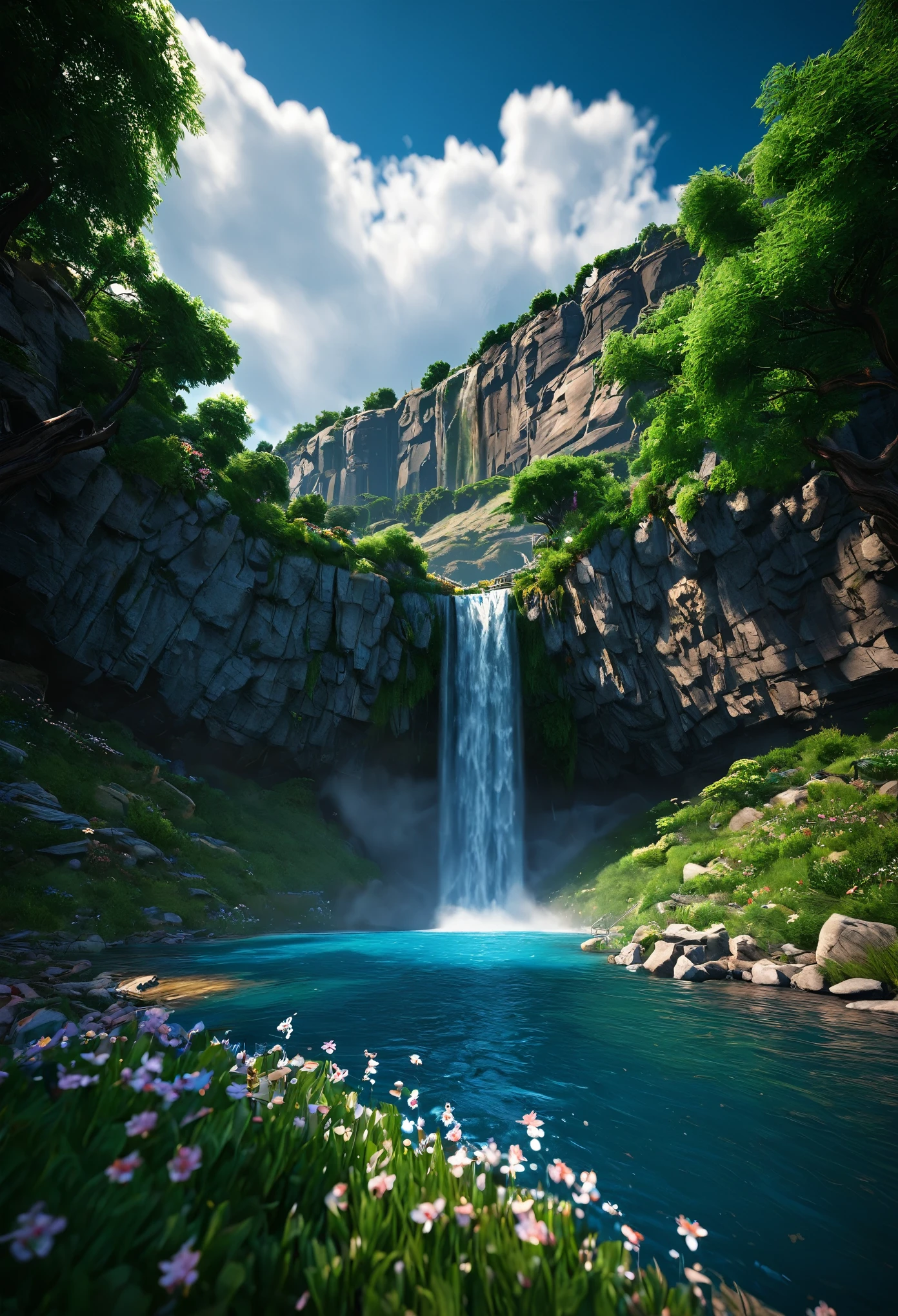 masterpiece, best quality, high quality, extremely detailed CG unity 8k wallpaper, scenery, outdoors, sky, cloud, day, no humans, mountain, landscape, water, tree, blue sky, waterfall, cliff, nature, lake, river, cloudy sky,award winning photography, Bokeh, Depth of Field, HDR, bloom, Chromatic Aberration ,Photorealistic,extremely detailed, trending on artstation, trending on CGsociety, Intricate, High Detail, dramatic, art by midjourney