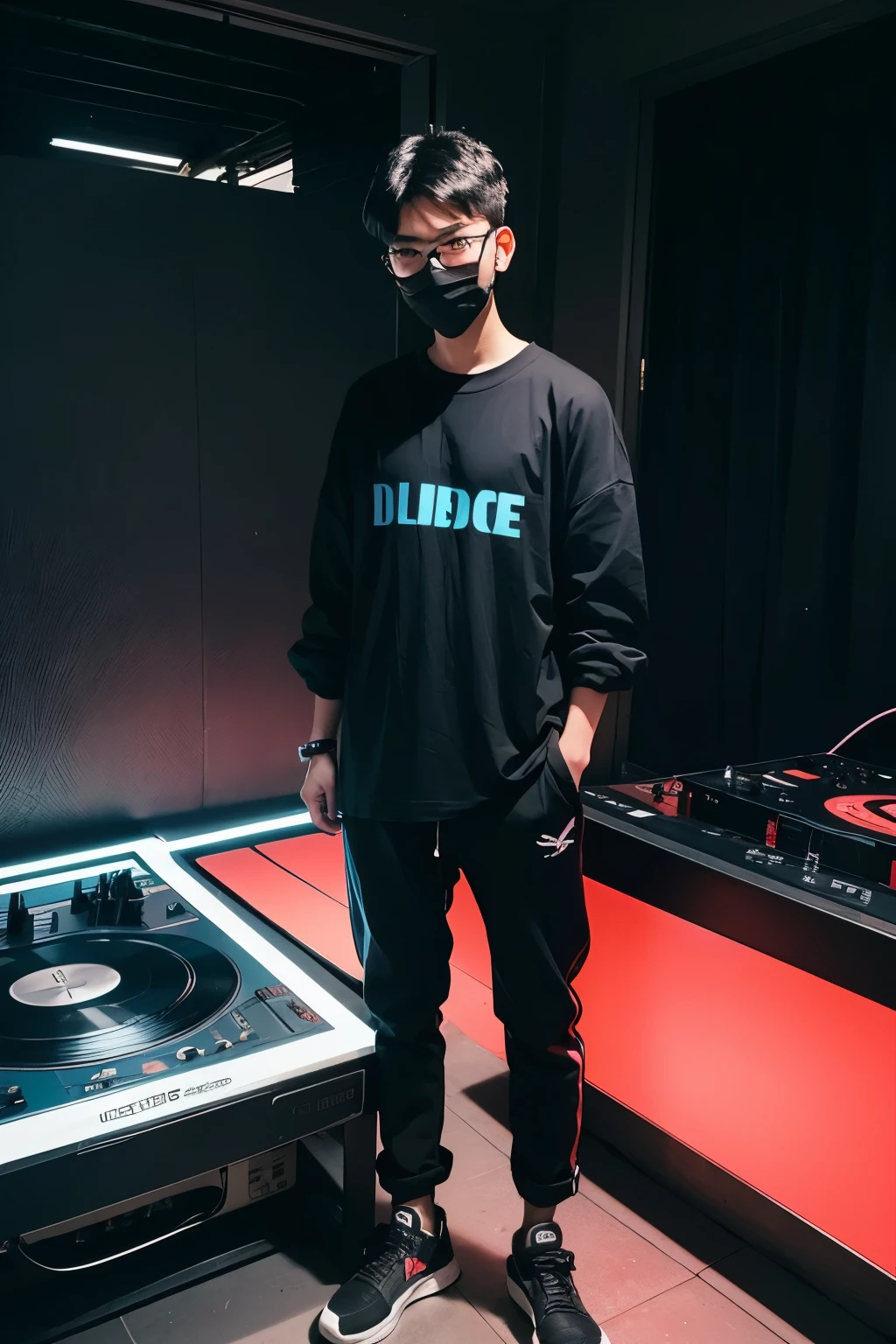 18 year old jakarta boy, he is wearing a oversized big blue t shirt long Sleeve, he is wearing black Rope trousers, he is wearing black sneakers, he is wearing a mask, he is wearing glasses, he is playing DJ, NIGHTCLUB, full body,