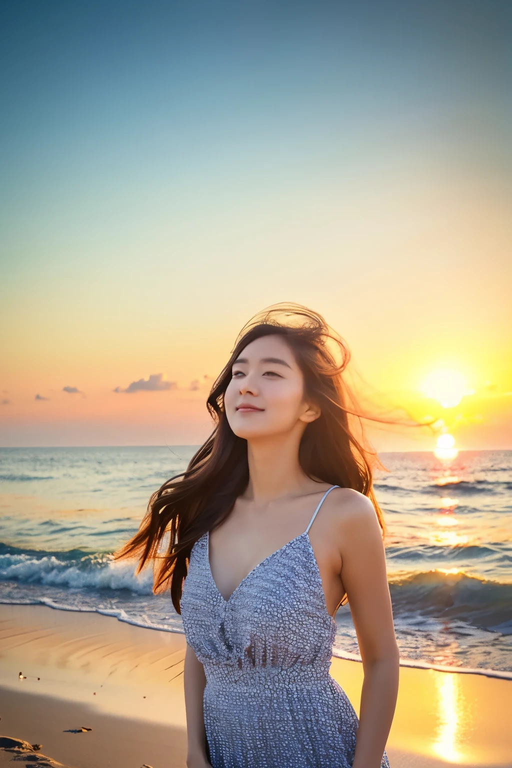 25 year old girl, Dreaming on the beach, Sunburned skin, Long Wavy Hair, Casual summer sundresses, Lost in Thought, Gazing at the Horizon, A vision of peace and contentment, Capturing the essence of a carefree and beautiful soul, Best for high resolution, Ultra-Detailed Unity 8K Wallpapers, Breathtaking and captivating works of art.