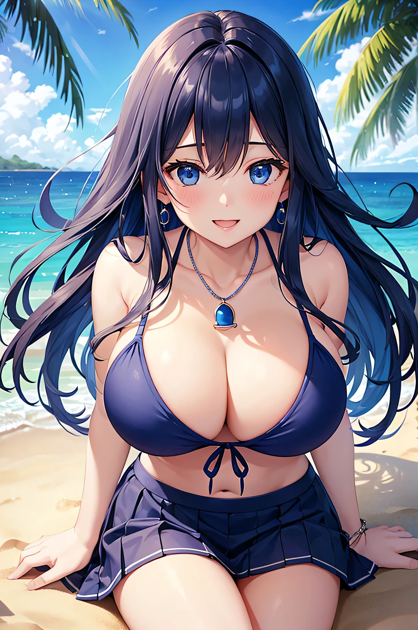 highest quality、Best image quality、masterpiece、beautiful girl、Navy blue long hair、blue eyes、Navy Blue Bikini、Big cleavage、(Big Breasts)、smile、blue necklace、Blue Earrings、background(Beach)、Sexy pose、Please open your mouth wide、Navy Blue Skirt