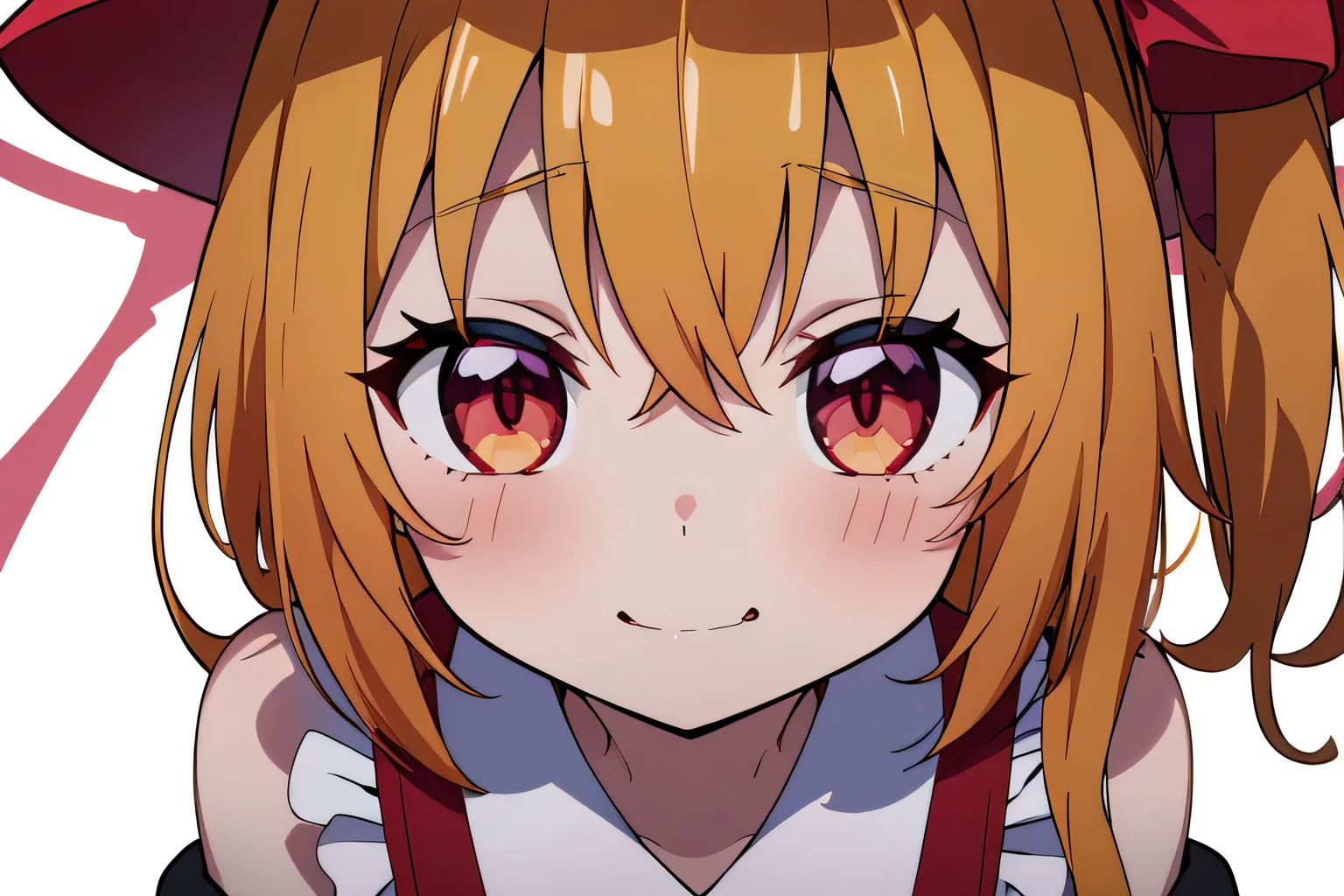 Anime Style、highest quality, One Girl, alone, （Flandre Scarlett staring at camera）、From the upper body、standing、 Laughter、Blushed、A face that is teasing and spoiling someone、Beautiful Face、Eye highlights、、Red eyes、Bright yellow fur on the side tail,、Short sleeve、Childish、Pure white background、white background