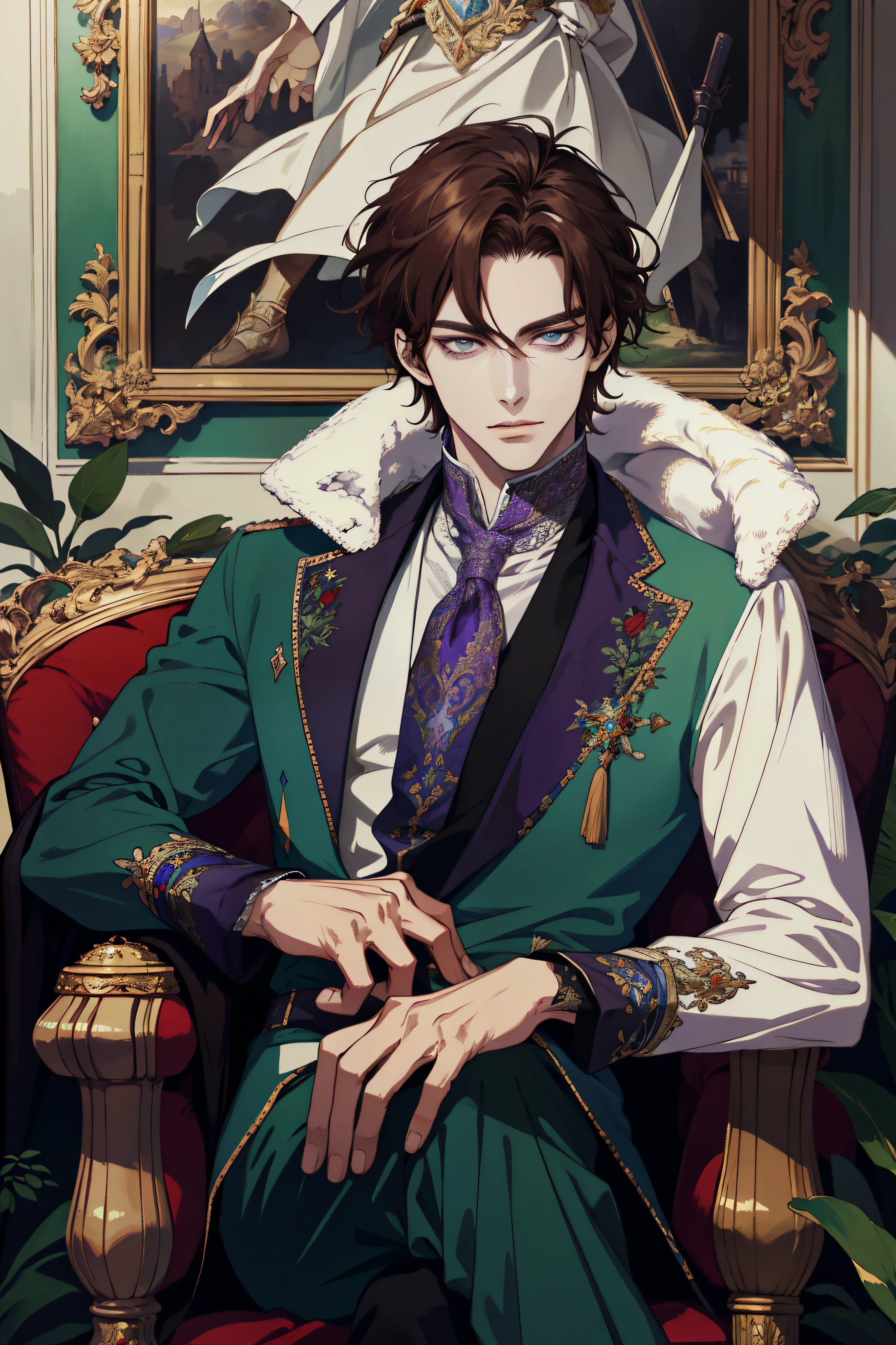 (absurd, high resolution, ultra detailed), paintings. The most interesting one Depicted King Lancelot. The founder of the country, He was depicted as pale. With dark green eye color and brown hair.
He fought against Kazimir. Who had dark hair and dark purple eyes.