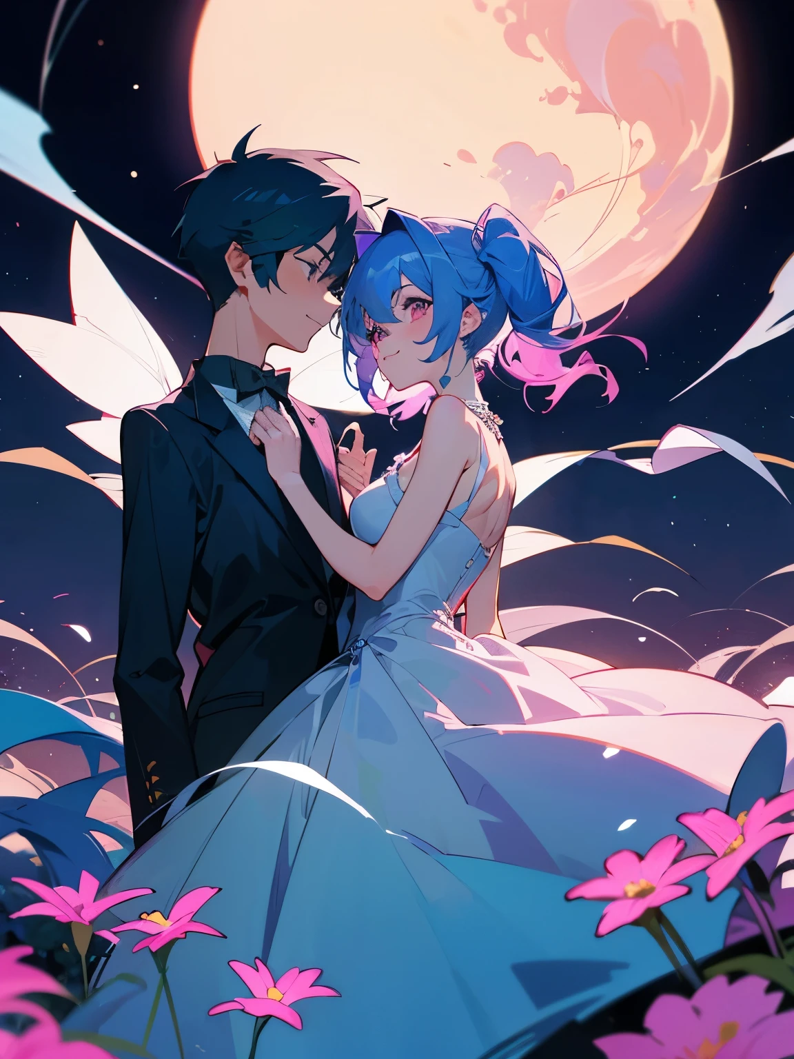 cartoon of a boy and a girl standing close together, ddlc, in the art style of 8 0 s anime, 9 0 s anime style, 90s anime style, in anime style, in an anime style, anime aesthetic, anime vibes, 9 0 s anime aesthetic, 9 0 s anime art style, lofi boy and girl, beautiful background outside, background at night with stars and a moon, fairy lights, beautiful background in a floral garden with fairy lights at night, a cute boy and a cute girl, beautiful faces, a boy and a girl, don't extra hands, NO extra hands, generate a boy and a girl with NO extra hands, NO extra arm, the boy has a short hairstyle and the girl has a long hairstyle, the boy has blue hair, the girl has pink hair, pretty faces, cute pretty boy in a smoking dress, cute pretty girl in a beautiful dress, with amazing smile, boy has a pretty smile, girl has a cute smile 