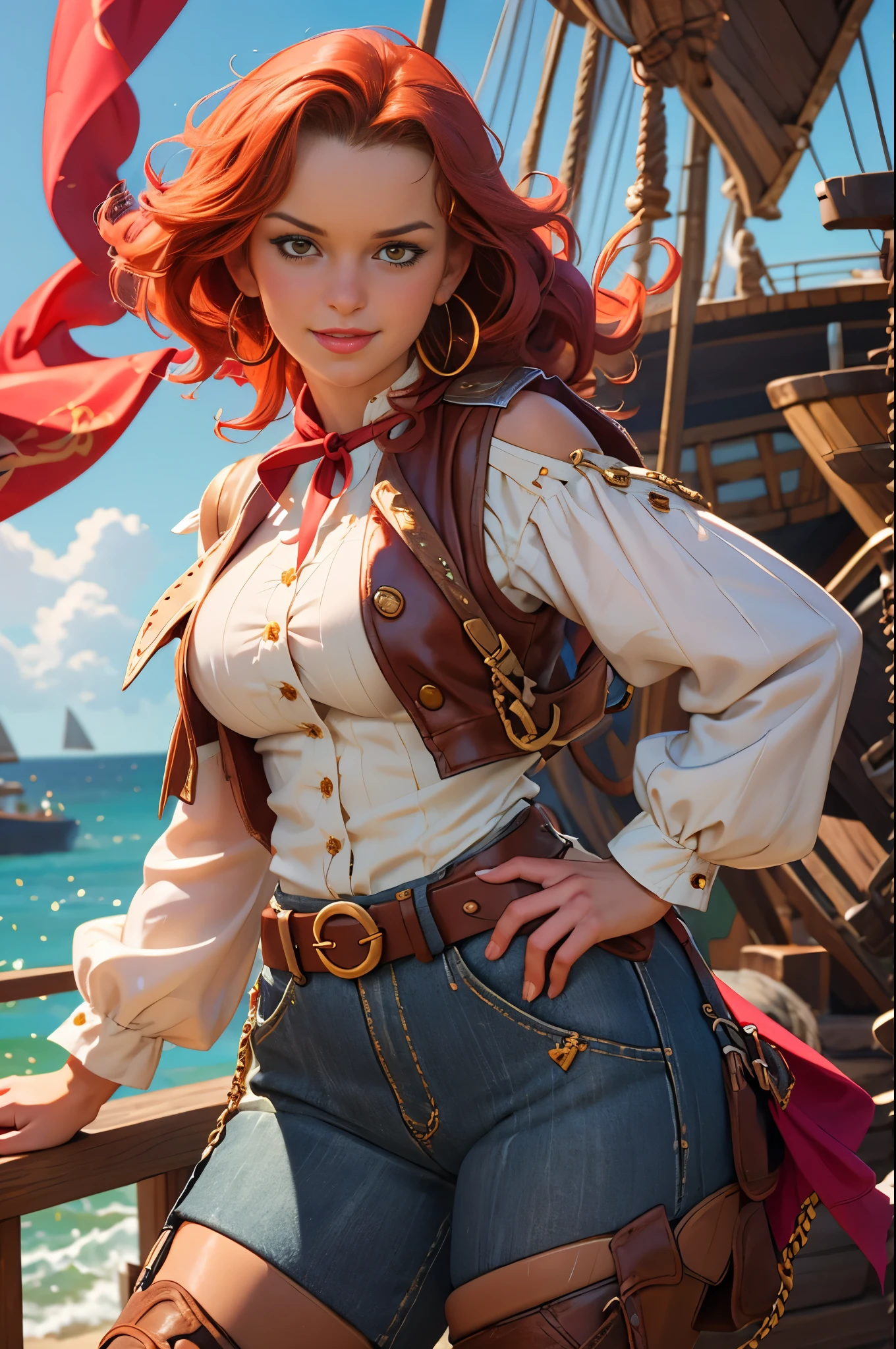 Female 17th century pirate, pirate captain, mid 30s woman, smirking, wavy shoulder length vivid red hair, red bandanna, large gold hoop earrings, puffy long sleeved white shirt, brown leather vest, belt, large square belt buckle, long brown pantaloons, worn leather boots, period dress, dirty clothes, holding a cutlass, dramatic pose, on deck aboard a pirate ship, caribbean island, painterly illustration, best quality, 8k, masterpiece, bright vivid colours, colourful, renatadaninsky