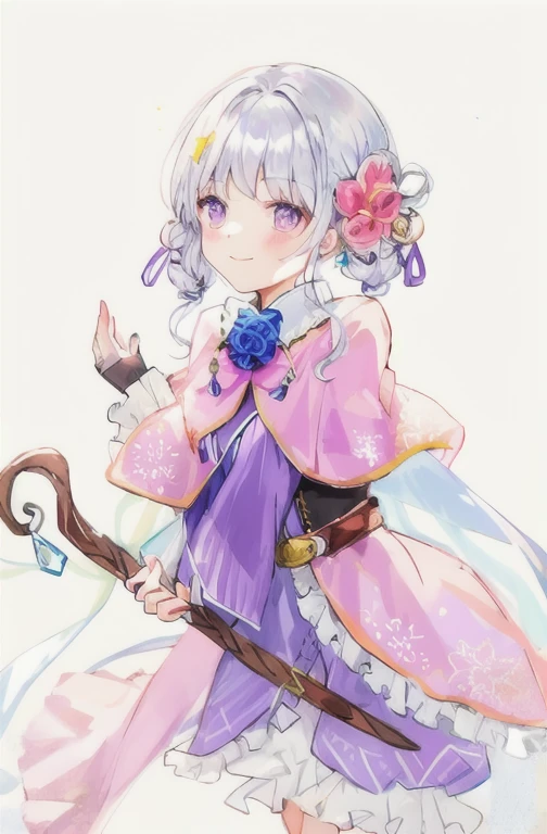 A girl with silver hair and braids on both sides。She has a pink flower hair ornament made of string next to her ear.。Wearing a light pinkish purple cape。The cape has a ball accessory attached around the neck.。She wears a purple dress with a leather belt。The dress is open at the front of the lower body。Wearing drawers。Holding a shepherd&#39;s crook。