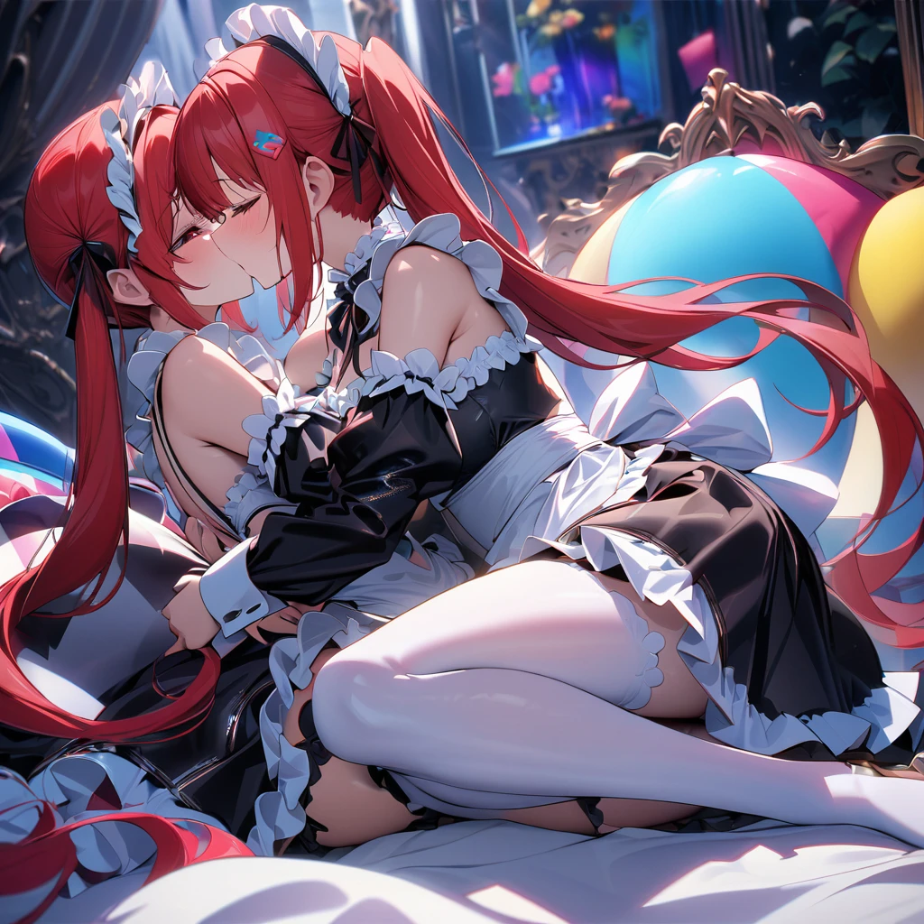 High quality, high definition, hig
h precision images,8k 2girl Robot Girl、red hair,Twin tails,Red eyes.(robot style red and white barrette)、colorful room、 colorful cute round bed, ((White and red luxurious frilled maid outfit,))
close your eyes hug and kiss 、side view、