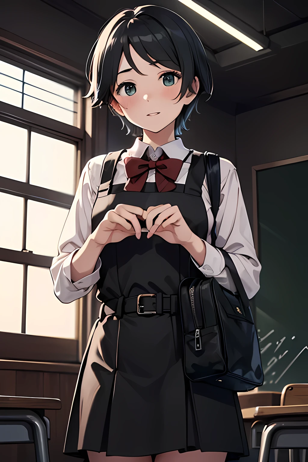 ((masterpiece,best quality)), highres, extremely detailed 8K wallpaper, depth_of_field, best shadow, (Colorful),(Delicate eyes and face), Perfect hands, (no lighting), Ray tracing, BREAK
(1girl), mogami \(kancolle\), black hair, short hair, black eyes / green eyes, swept bangs, (full-face blush), slender, skinny, best smile, parted lips, BREAK,
standing, perfect hands, BPD,((black pinafore dress)),long skirt,red bowtie,belt, school bag, BREAK,
Cowboy Shots and knee, school, classroom, (((night time))), ((dark backgrounds:1.2)),