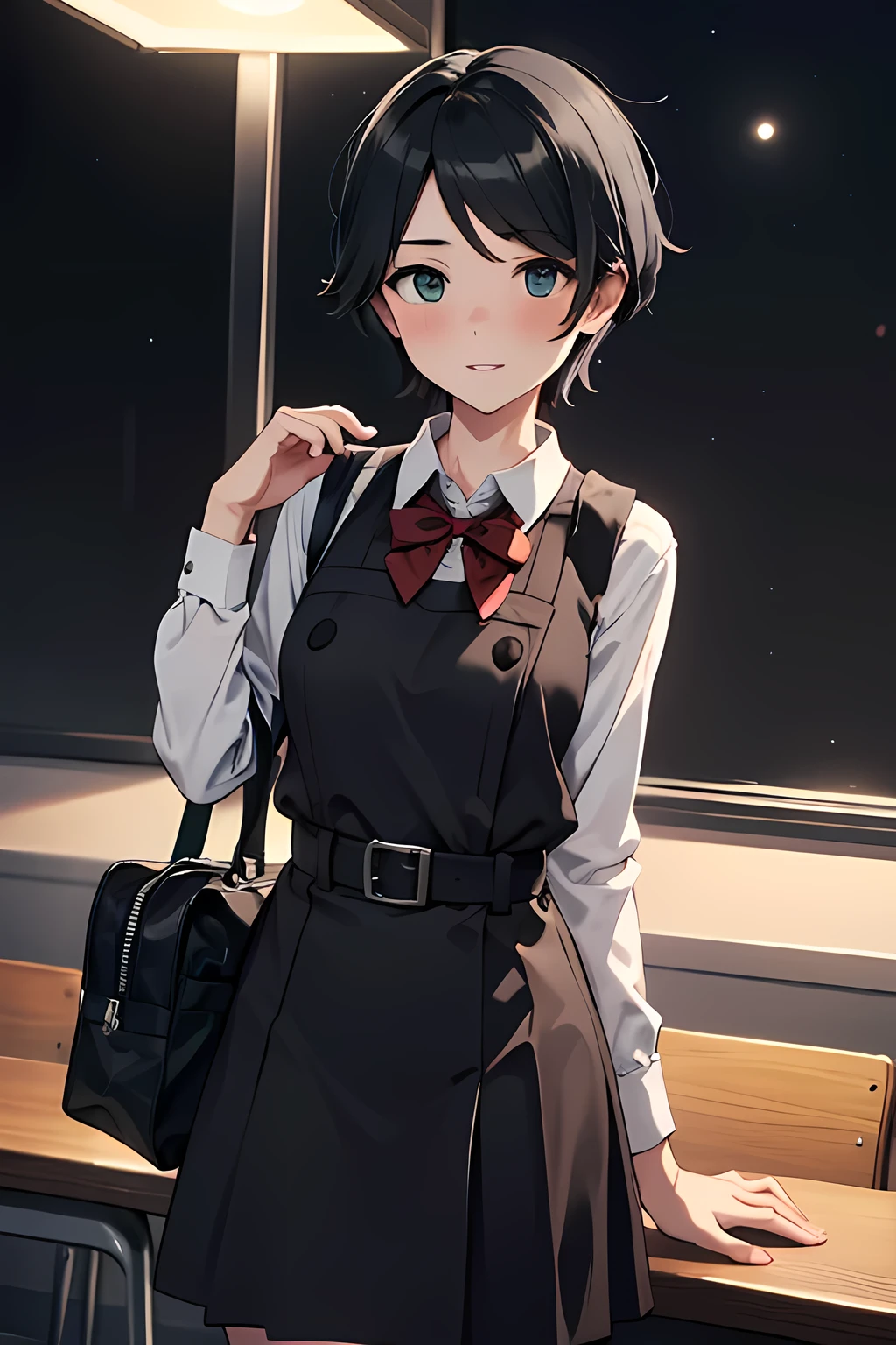 ((masterpiece,best quality)), highres, extremely detailed 8K wallpaper, depth_of_field, best shadow, (Colorful),(Delicate eyes and face), Perfect hands, (no lighting), Ray tracing, BREAK
(1girl), mogami \(kancolle\), black hair, short hair, black eyes / green eyes, swept bangs, (full-face blush), slender, skinny, best smile, parted lips, BREAK,
standing, perfect hands, BPD,((black pinafore dress)),long skirt,red bowtie,belt, school bag, BREAK,
Cowboy Shots and knee, school, classroom, (((night time))), ((dark backgrounds:1.2)),