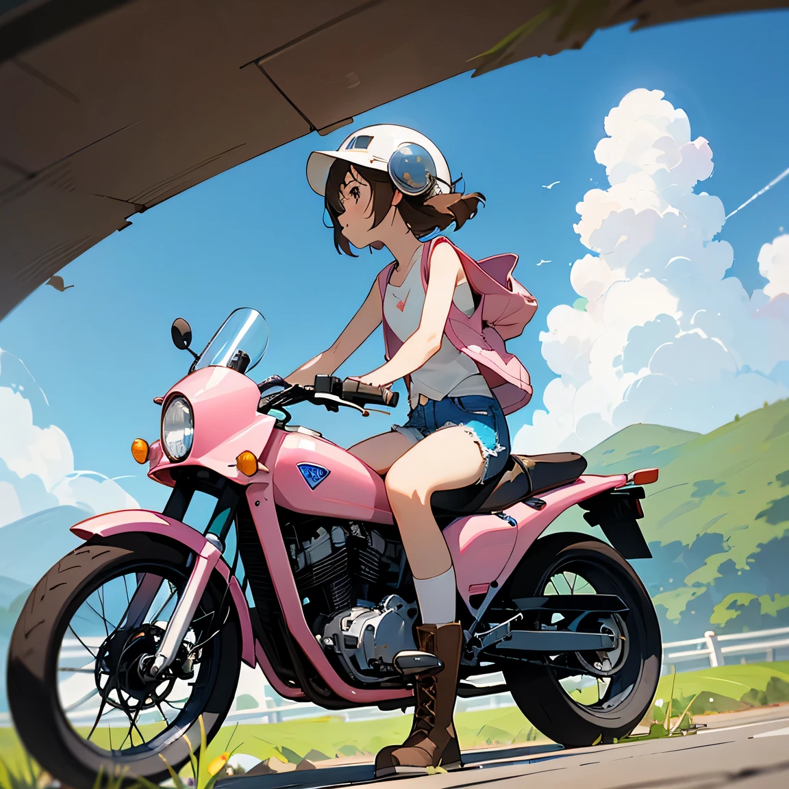 Highest quality、A girl is riding a white Super Cub、Dark brown short cut、(He is wearing a jet helmet with white and black lines running down the center of the helmet from front to back.、White tank top、Pink jacket、Denim shorts、White knee-high socks、Brown work boots:1.3)、Japanese countryside scenery、Road beside the stream、Small creek、Dirt Road、Weeds grow along the side of the road、Blue sky、White clouds floating、Early summer sky、