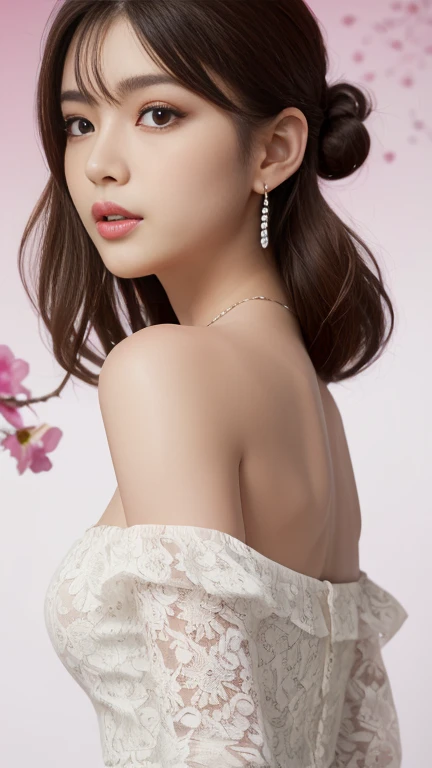 Generated in SFW, (1 Female:1.37), Above the knee shot, (From the side:1.21), Japanese women, 17 year old supermodel, Skinny body, (very small head), (Very small face), (Perfect Anatomy:1.37), Make your body anatomically correct, (highest quality:1.4), 32k resolution, (Realistic:1.5), (超Realistic:1.5), High resolution UHD, (masterpiece:1.2)), (Improvement of quality:1.4), (Very beautiful facial details), (highest qualityのリアルな質感の肌:1.4), Fit-fit uniforms, ((White lace dress:1.37)), Off the shoulder、Big earrings, Pearl Necklace, (Show me your side boob:1.1), ((red々Colorful flowers background:1.21)), Accurate Fingers, Very detailed, Symmetrical eyes, Thin lashes, Sharpen your eyebrows, ((Very detailedな人物写真)), Red cheeks, Ultra-realistic eyes, Perfect Lips, Perfect Eyes, Perfect Iris, Natural Makeup, [Purple Lipstick], ((A great eye for quality:1.2)), (tired, Sleepy and satisfied:0.0), (Beautiful Lips:1.33), (Great nose:1.2), (Flat Chest), Tight waist, (Slim lower body), Brown Hair, (Hair Bun:1.37), (Hair Clip:1.21), ((Realistic)), ((Sharp focus)), (Highest Resolution), ((The most ridiculous quality)), ((masterpiece)), Professional Cinema Lighting,