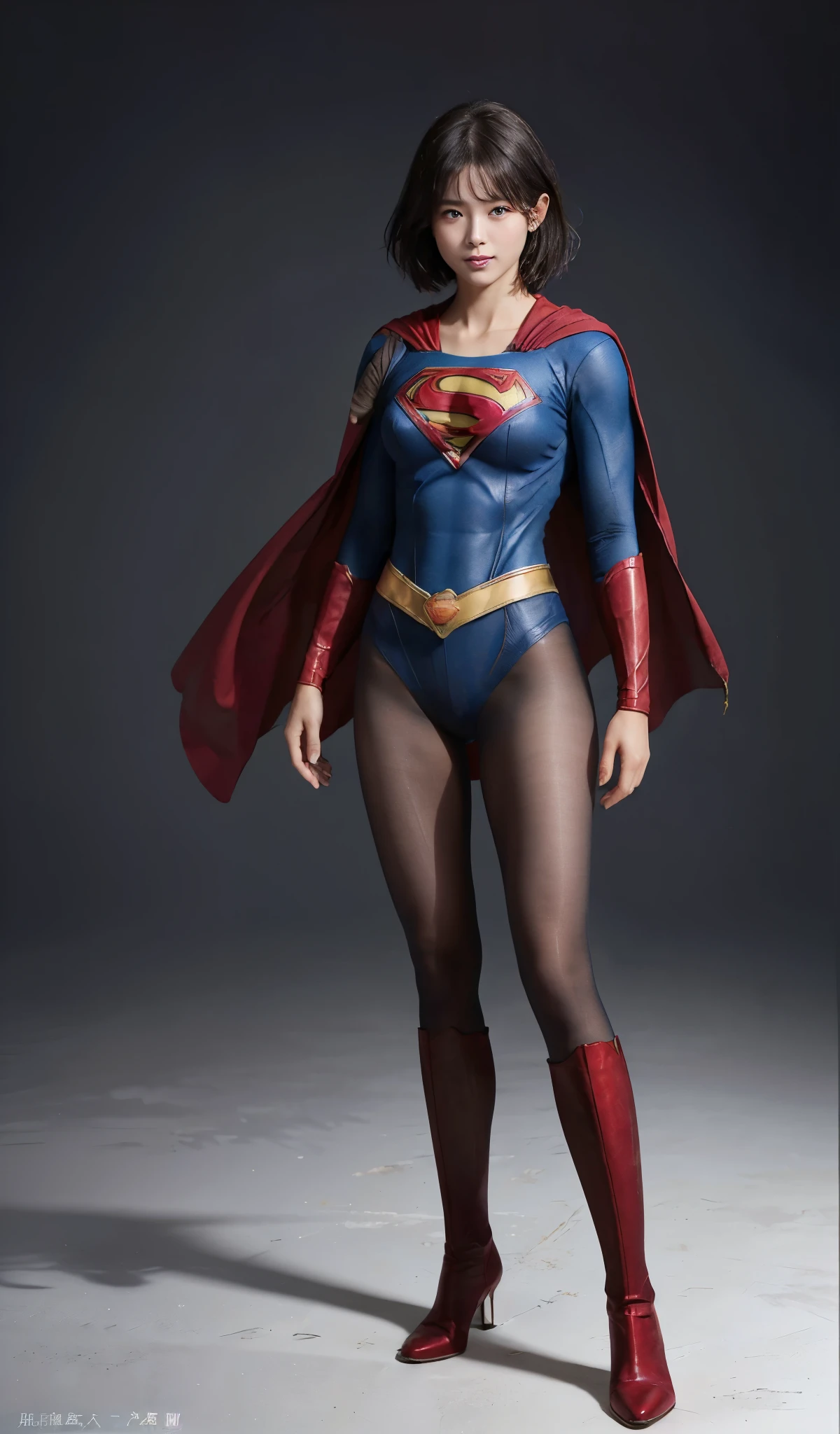 No background、(((Beautiful legs in black tights.)))、(((Legally express the beauty of your smile)))、((((Make the most of your original images)))、(((Supergirl Costume)))、(((Beautiful short bob hair)))、(((suffering)))、(((Please wear black tights....、Wear red boots)))、((Best image quality、8k))、((highest quality、8k、masterpiece:1.3))、(((Preserve background )))、Sharp focus:1.2、Beautiful woman with perfect figure:1.4、Slim Abs:1.2、Wet body:1.5、Highly detailed face and skin texture、8k