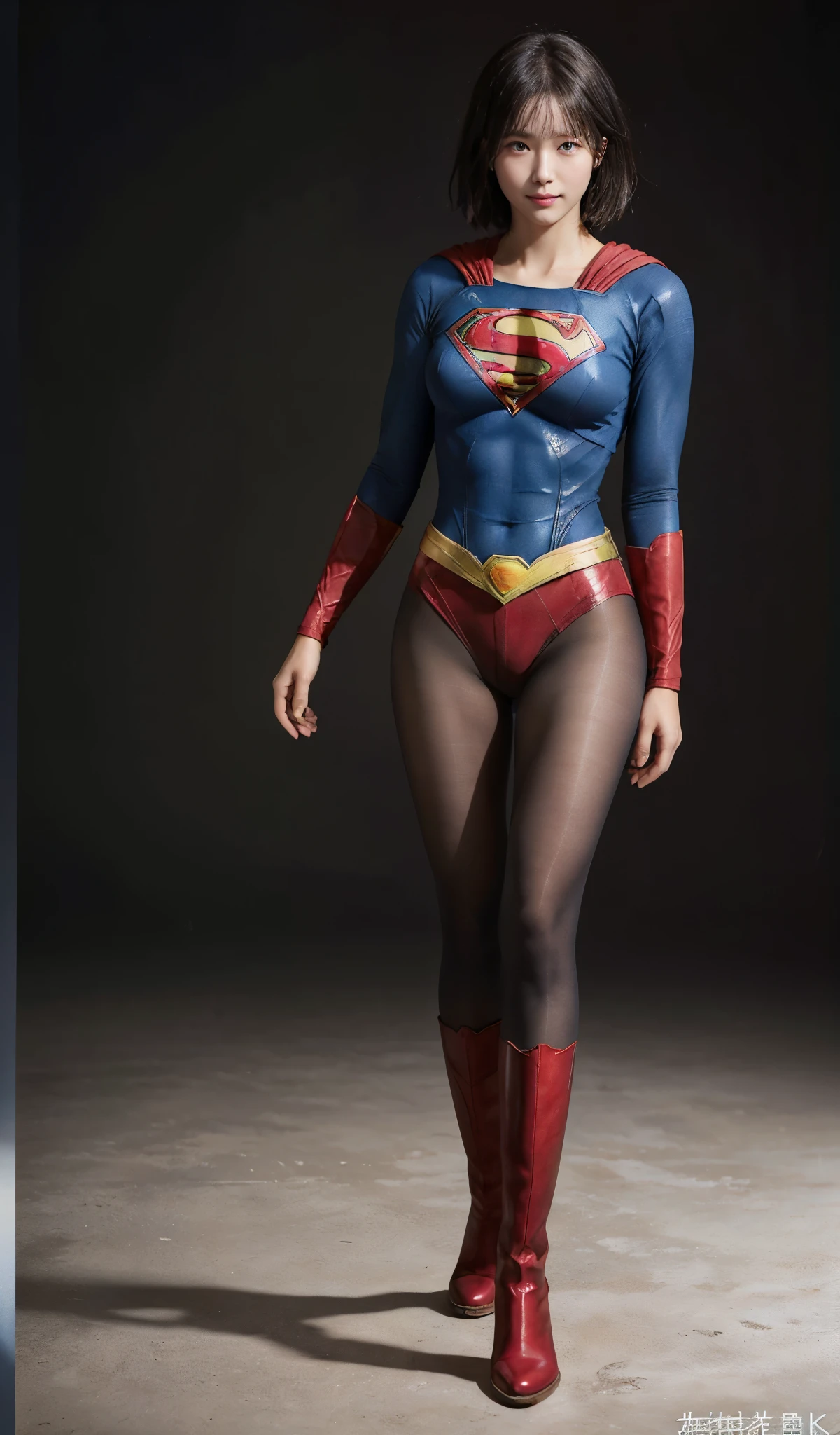 No background、(((Beautiful legs in black tights.)))、(((Legally express the beauty of your smile)))、((((Make the most of your original images)))、(((Supergirl Costume)))、(((Beautiful short bob hair)))、(((suffering)))、(((Please wear black tights....、Wear red boots)))、((Best image quality、8k))、((highest quality、8k、masterpiece:1.3))、(((Preserve background )))、Sharp focus:1.2、Beautiful woman with perfect figure:1.4、Slim Abs:1.2、Wet body:1.5、Highly detailed face and skin texture、8k