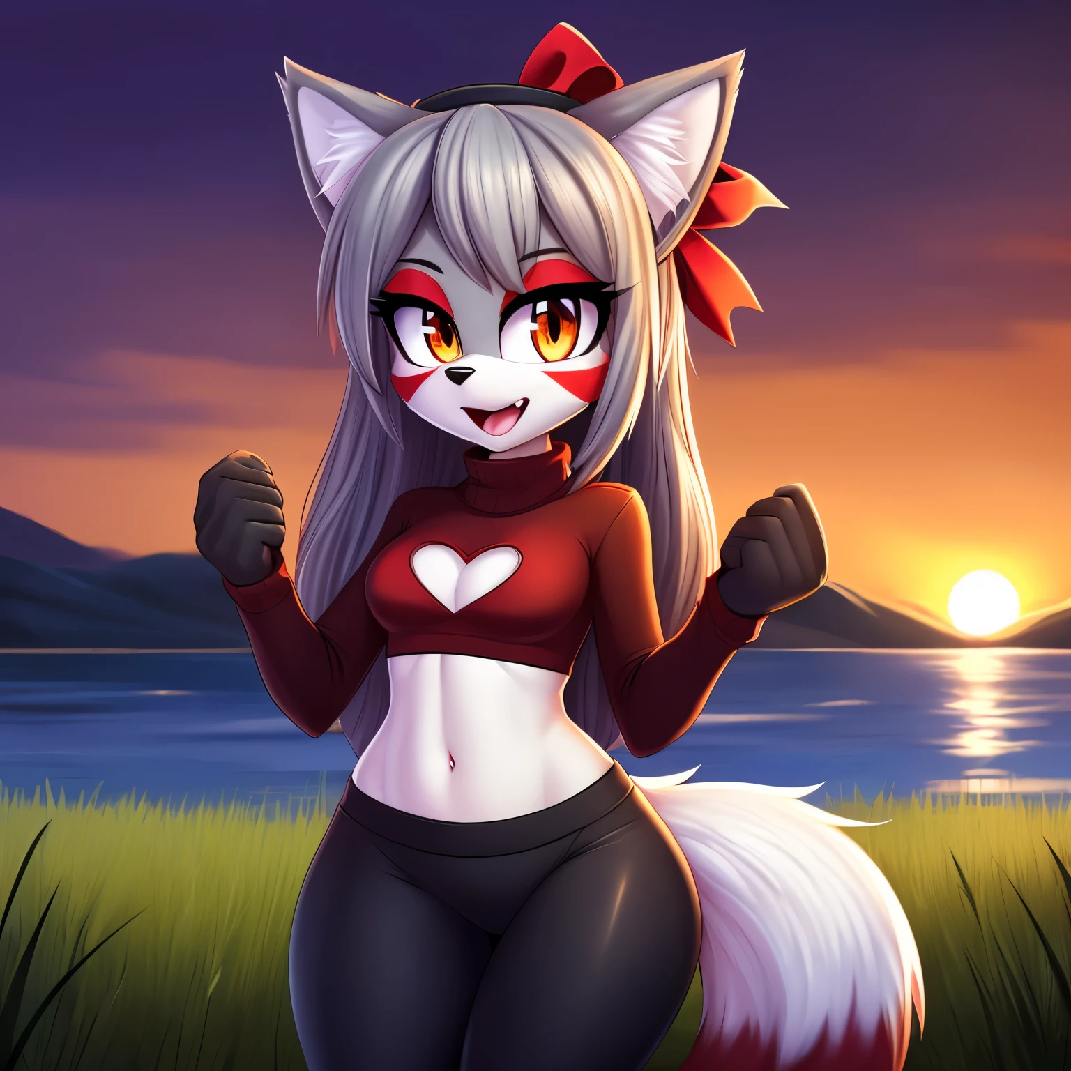 masterpiece, best quality, ultra-detailed, cinematic lighting, beautiful lighting, detailed background, detailed iris, detailed eyes, shading, intricate details, ((sharp, dynamic pose, expressive eyes)), ((4k)), ((2d, 2d art)), digital art, solo, outdoors, 1girl, animal ear fluff, navel, hairband, open mouth, crop top, long hair, animal ears, breasts, tree, furry, blush, clothing cutout, red shirt, shirt, shoulder cutout, fox girl, whitish light grey hair, hands up, bangs, cowboy shot, pants, black gloves, animal nose, gloves, fox ears, nature, standing, furry female, water, sunset, looking at viewer, ((whitish light grey fur)), forest, ((black long sleeves)), ribbon, black yoga pants, black hairband, clenched hands, sky, tail, hair ribbon, fang, midriff, black ribbon, medium breasts, fox tail, very long hair, orange eyes, stomach, heart, body fur, river, sidelocks, white fur, shiny, lake, grass, small breasts, scenery, fur trim, red markings on face, red eyeshadow