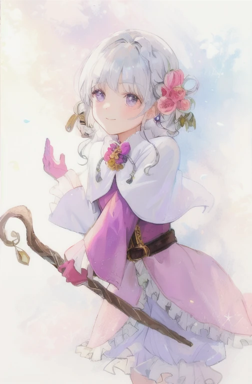 (a girl),silver hair with braids on both sides tied into loops. She is wearing a pink flower hair accessory tied with a ribbon beside her ear. She is wearing a light pinkish-purple cape. The cape has a ball-shaped accessory attached at the neckline. She is wearing a purple dress with a leather belt. The front of the dress is open on the lower half. She is wearing drawers underneath the dress. She is holding a shepherd's staff. 

(best quality,4k,8k,highres,masterpiece:1.2), ultra-detailed,(realistic,photorealistic,photo-realistic:1.37),HDR,UHD,studio lighting,ultra-fine painting,sharp focus,physically-based rendering,extreme detail description,professional,vivid colors,bokeh,portraits,landscape