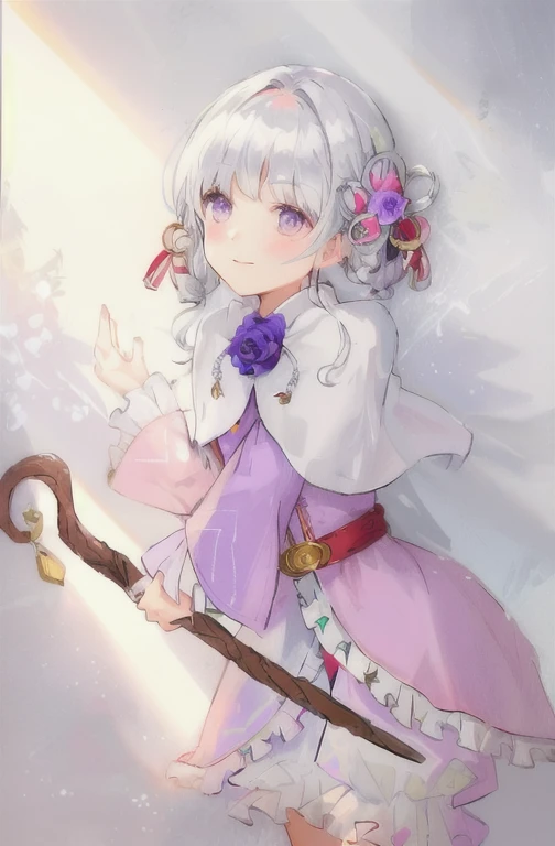 (a girl),silver hair with braids on both sides tied into loops. She is wearing a pink flower hair accessory tied with a ribbon beside her ear. She is wearing a light pinkish-purple cape. The cape has a ball-shaped accessory attached at the neckline. She is wearing a purple dress with a leather belt. The front of the dress is open on the lower half. She is wearing drawers underneath the dress. She is holding a shepherd's staff.
(best quality,4k,8k,highres,masterpiece:1.2), ultra-detailed,(realistic,photorealistic,photo-realistic:1.37),HDR,UHD,studio lighting,ultra-fine painting,sharp focus,physically-based rendering,extreme detail description,professional,vivid colors,bokeh,portraits,landscape
