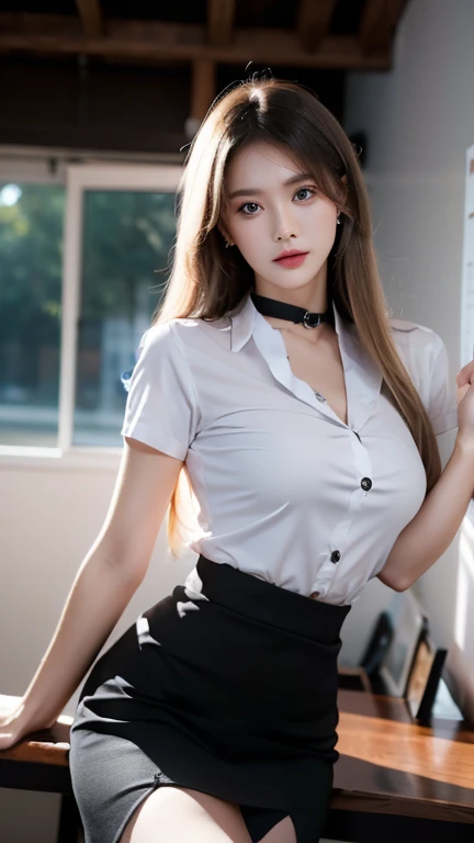 (Masterpiece, best quality, alone, รายละเอียดที่complicated, Chromatic aberration), realistic, ((Moderate breath)), hair in one eye,purple eyes, earring, sharp eyes, choker, (symmetrical eyes),(Perfect symmetrical body),Photo of a beautiful 24 year old girl, Beautiful and charming with contemporary fashion paintings as well....., looking at the audience, ((in the classroom background)), (1 Girl),(black short skirt), (white short sleeve, Form fitting shirt., ปลดกระดุม 2 เม็ดบน Revealing the sexy breasts., Revealing the sexy breasts), ((A short black pencil skirt with a deep slit on the side...)), sugar belt, ((Put your hands down.)),Copper blonde hair, Bob, round chin, Art lens 85mm, Sharp focus, High resolution 8K, Crazy details, complicated, elegant,sitting on the study table Lift one leg to eye level.., legs slightly apart.,big breasts,big breasts, dynamic gesture, big breasts