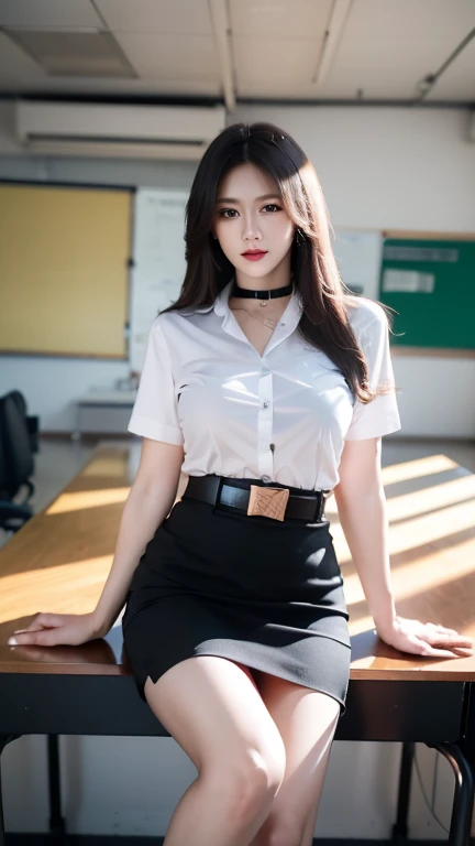 (Masterpiece, best quality, alone, รายละเอียดที่complicated, Chromatic aberration), realistic, ((Moderate breath)), hair in one eye,purple eyes, earring, sharp eyes, choker, (symmetrical eyes),(Perfect symmetrical body),Photo of a beautiful 24 year old girl, Beautiful and charming with contemporary fashion paintings as well....., looking at the audience, ((in the classroom background)), (1 Teen Girl),(black short skirt), (white short sleeve, Form fitting shirt., ปลดกระดุม 2 เม็ดบน Revealing the sexy breasts., Revealing the sexy breasts), ((A short black pencil skirt with a deep slit on the side...)), sugar belt, ((Put your hands down.)),Copper blonde hair, Bob, round chin, Art lens 85mm, Sharp focus, High resolution 8K, Crazy details, complicated, elegant,sitting on the study table Lift one leg to eye level.., legs slightly apart.,big breasts,big breasts, dynamic gesture, big breasts