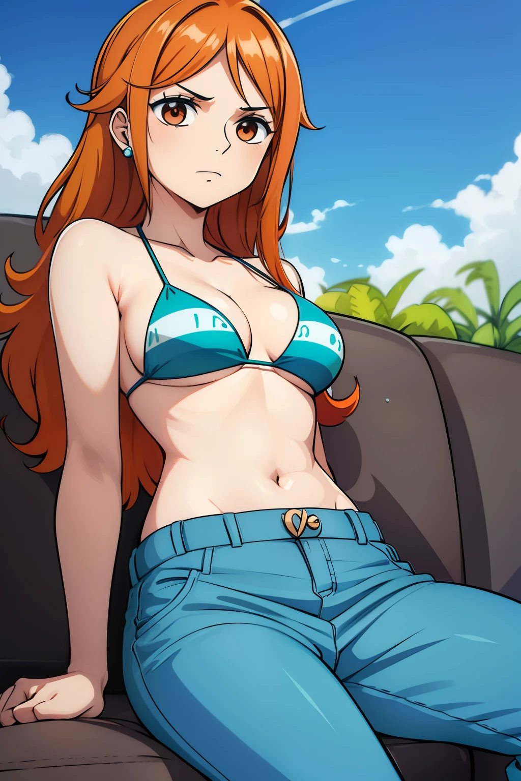 chicas lindas,ojos marrones redondos, cabello naranja、sin sujetador、Peinado liso medio a largo,Tatuaje de molino de viento en el hombro izquierdo、(tetas grandes,sujetador verde,lleva un pantalones azules,En una casa de alquiler,sitting on the couch,Noche,estaba lloviendo afuera,Upper body is wet....,cuerpo entero,ella usa un bikini verde,pantalones azules
