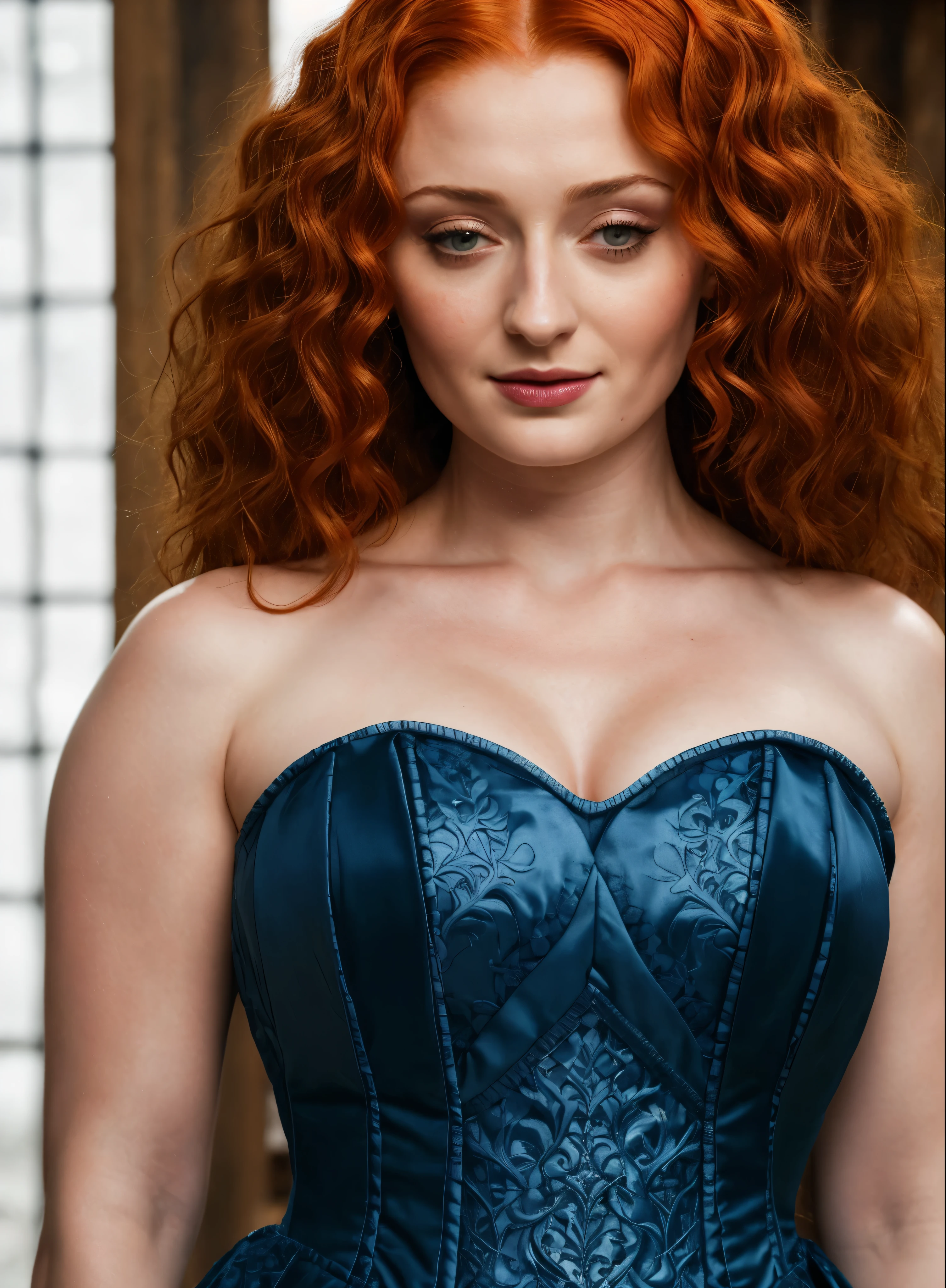 Face of Sophie Turner, Sansa Stark played by Sophie Turner, the de facto Lady of the Eyrie, is a 50-year-old mature queen with a stunning, alluring appearance, mommy figure, wide body, heavy figure, fleshy bulky figure, Full Face, Full figured woman, pierced eyes, reddish lips, upper body shot, erotic Mediaeval costumes, game of thrones costumes, She wears a Game of Thrones-inspired costume and has a deep cleavage, a perfect thick body, and a perfect thick figure. The photograph captures her in a close-up, with her skin texture and facial features being ultra-realistic and realistic. Juicy thick figure, high quality skin, Skin pores, amazing details, snow, snow flakes, semi realistic, extremely detailed eyes, dark moody orange and black settings, cool environment, artificial intelligence