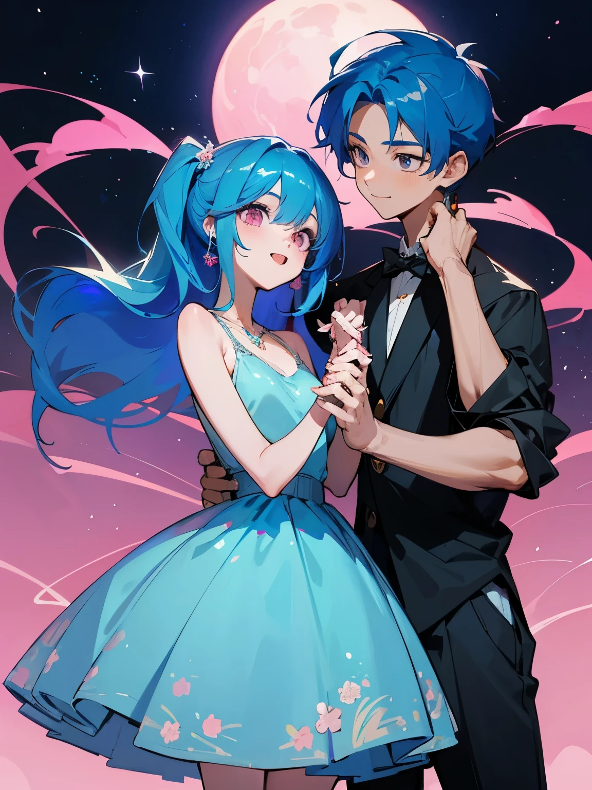 cartoon of a boy and a girl standing close together, ddlc, in the art style of 8 0 s anime, 9 0 s anime style, 90s anime style, in anime style, in an anime style, anime aesthetic, anime vibes, 9 0 s anime aesthetic, 9 0 s anime art style, lofi boy and girl, beautiful background outside, background at night with stars and a moon, fairy lights, beautiful background in a floral garden with fairy lights at night, a cute boy and a cute girl, beautiful faces, a boy and a girl, don't extra hands, NO extra hands, generate a boy and a girl with NO extra hands, NO extra arm, the boy has a short hairstyle and the girl has a long hairstyle, the boy has blue hair, the girl has pink hair, pretty faces, cute pretty boy in a smoking dress, cute pretty girl in a beautiful dress, with amazing smile, boy has a pretty smile, girl has a cute smile