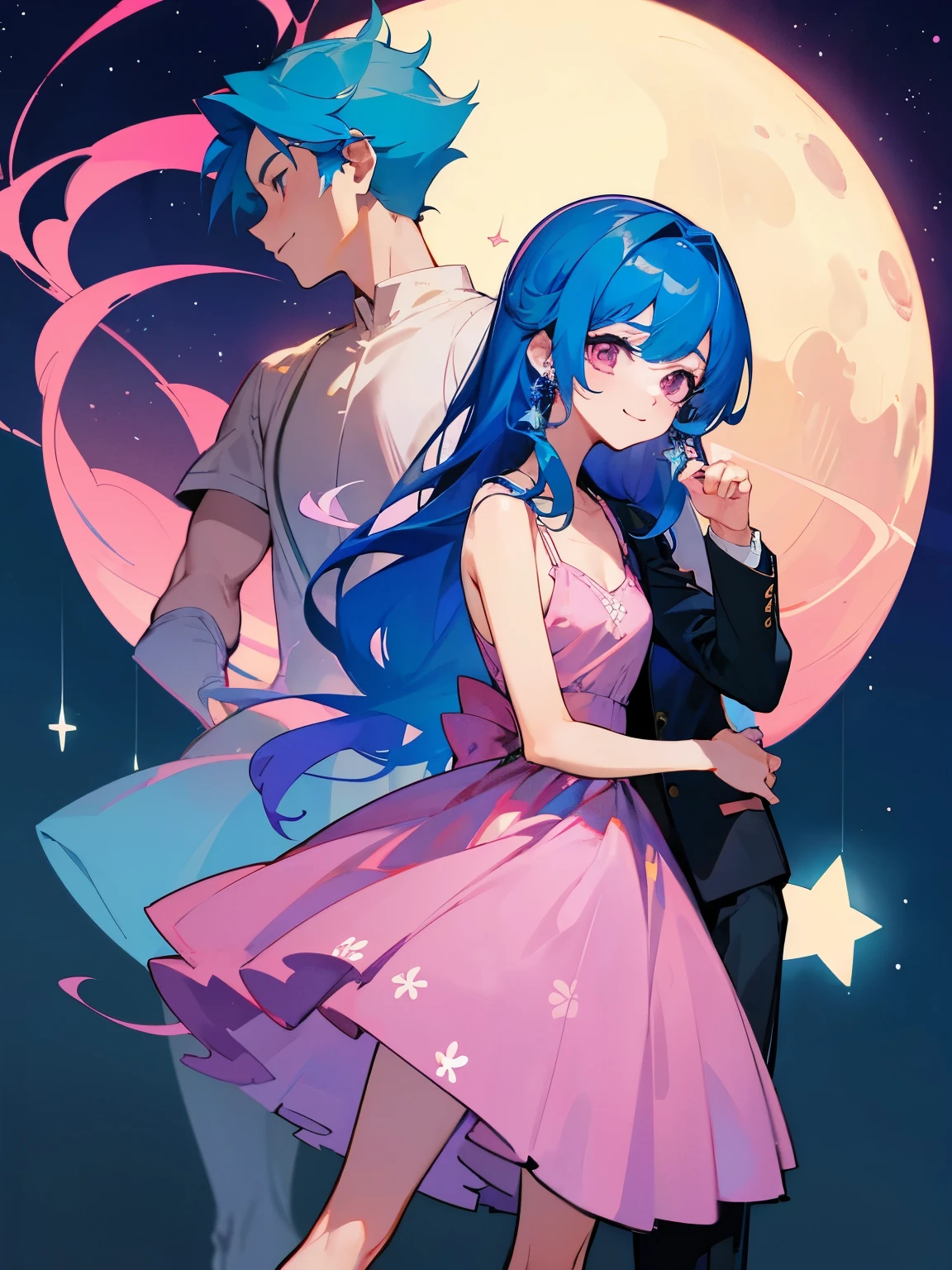 cartoon of a boy and a girl standing close together, ddlc, in the art style of 8 0 s anime, 9 0 s anime style, 90s anime style, in anime style, in an anime style, anime aesthetic, anime vibes, 9 0 s anime aesthetic, 9 0 s anime art style, lofi boy and girl, beautiful background outside, background at night with stars and a moon, fairy lights, beautiful background in a floral garden with fairy lights at night, a cute boy and a cute girl, beautiful faces, a boy and a girl, don't extra hands, NO extra hands, generate a boy and a girl with NO extra hands, NO extra arm, the boy has a short hairstyle and the girl has a long hairstyle, the boy has blue hair, the girl has pink hair, pretty faces, cute pretty boy in a smoking dress, cute pretty girl in a beautiful dress, with amazing smile, boy has a pretty smile, girl has a cute smile