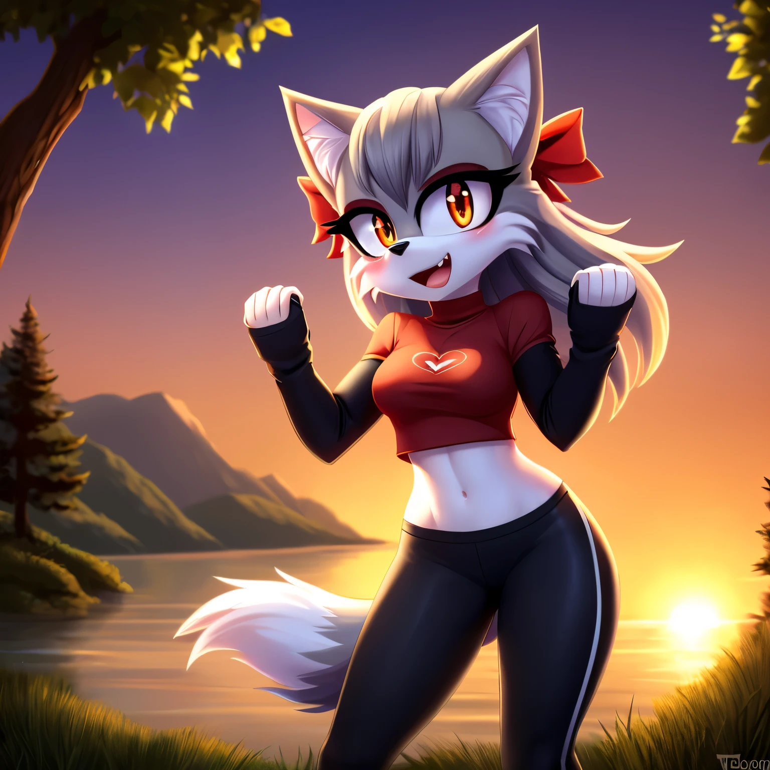 masterpiece, best quality, ultra-detailed, cinematic lighting, beautiful lighting, detailed background, detailed iris, detailed eyes, shading, intricate details, ((sharp, dynamic pose, expressive eyes)), ((4k)), ((2d, 2d art)), digital art, solo, outdoors, 1girl, animal ear fluff, navel, hairband, open mouth, crop top, long hair, animal ears, breasts, tree, furry, blush, clothing cutout, red shirt, shirt, shoulder cutout, fox girl, whitish light grey hair, hands up, bangs, cowboy shot, pants, black gloves, animal nose, gloves, fox ears, nature, standing, furry female, water, sunset, looking at viewer, ((whitish light grey fur)), forest, ((black long sleeves)), ribbon, black yoga pants, black hairband, clenched hands, sky, tail, hair ribbon, fang, midriff, black ribbon, medium breasts, fox tail, very long hair, orange eyes, stomach, heart, body fur, river, sidelocks, white fur, shiny, lake, grass, small breasts, scenery, fur trim, red markings on face, red eyeshadow