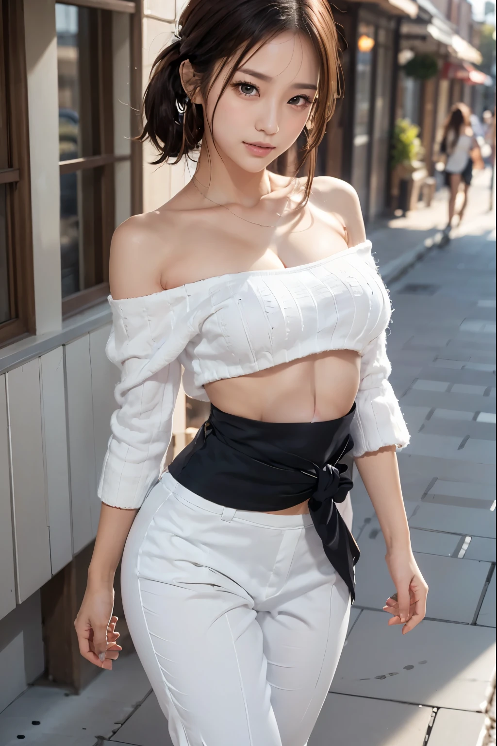 Short length、 ((White knitted loose off-shoulder top with front opening、No arm sleeves, Under the chest:1.3,Cropped trousers)), Brown Skin、belly button、thin, Medium ponytail、platinum silver hair,Messy bangs、Cheeky look、Redness on the cheeks、Raise the corners of the eyes、Triumphant thin eyebrows、Young Face、 ((Very detailed)), Perfectly detailed face, Great hands, Photorealistic images、((Full Body Shot、Shooting from the side))、street、Sexy pose、The chest is visible。